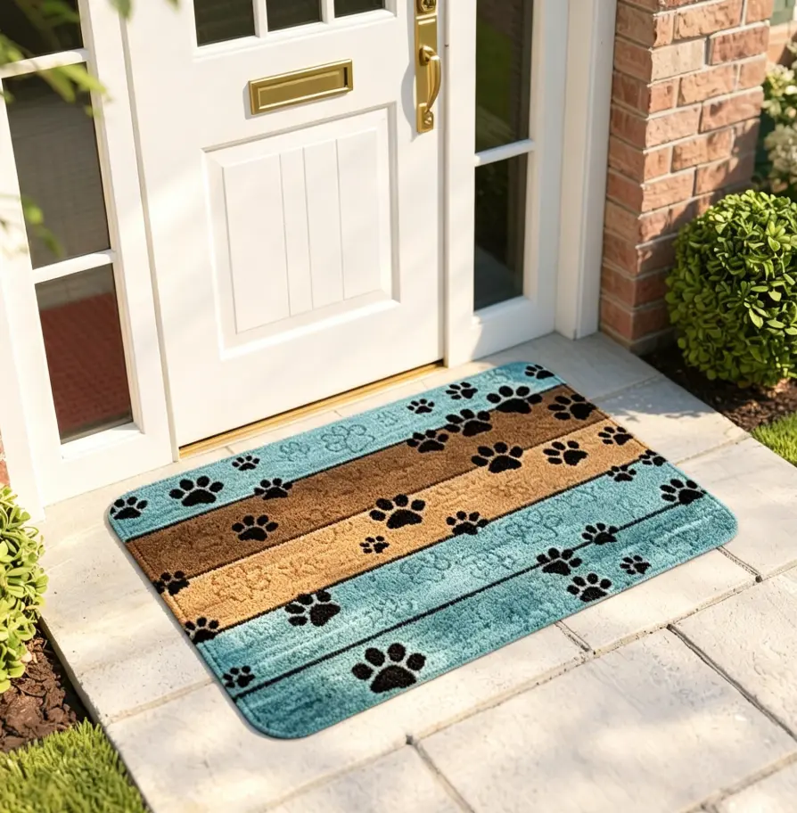 Cute Dog Paw Print Non-Slip Absorbent Vinyl Rug - Cozy Pet Shower Bath Mat, Washable Rustic Wood Room Doormat, Home Supplies, Modern
