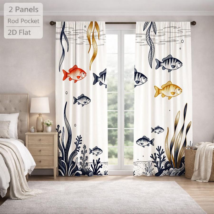 2Pcs Nautical Ocean Fish Seaweed Pattern Sun Blocking Curtains Digital Printed Rod Pocket, Window Treatment For Bedroom Office Kitchen Living Room Study Home Decor