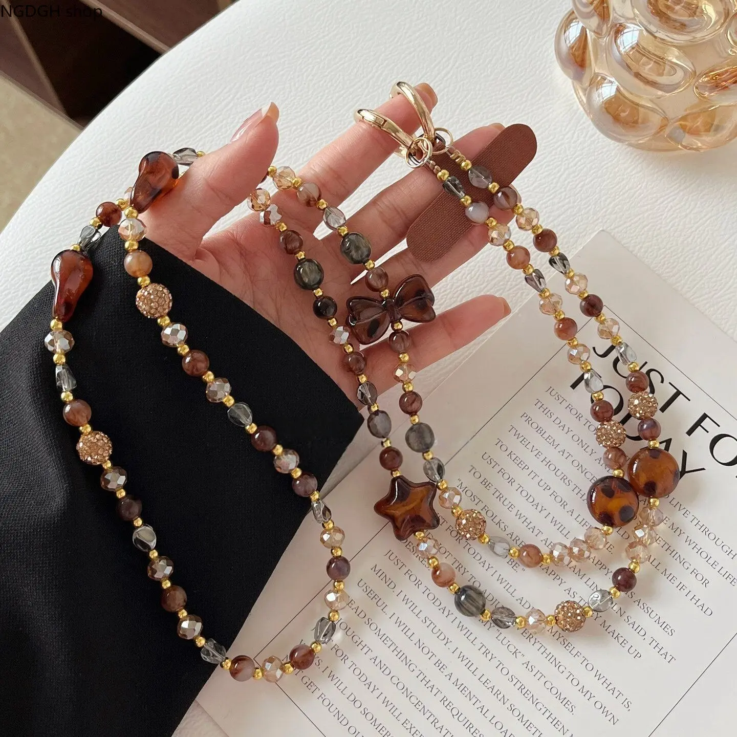 Phone Lanyard - Adjustable Beaded Phone Strap Tortoiseshell Bow Crystal Beads Brown Grey Crossbody Neck Wrist Holder Universal Phone Accessory Daily Carry