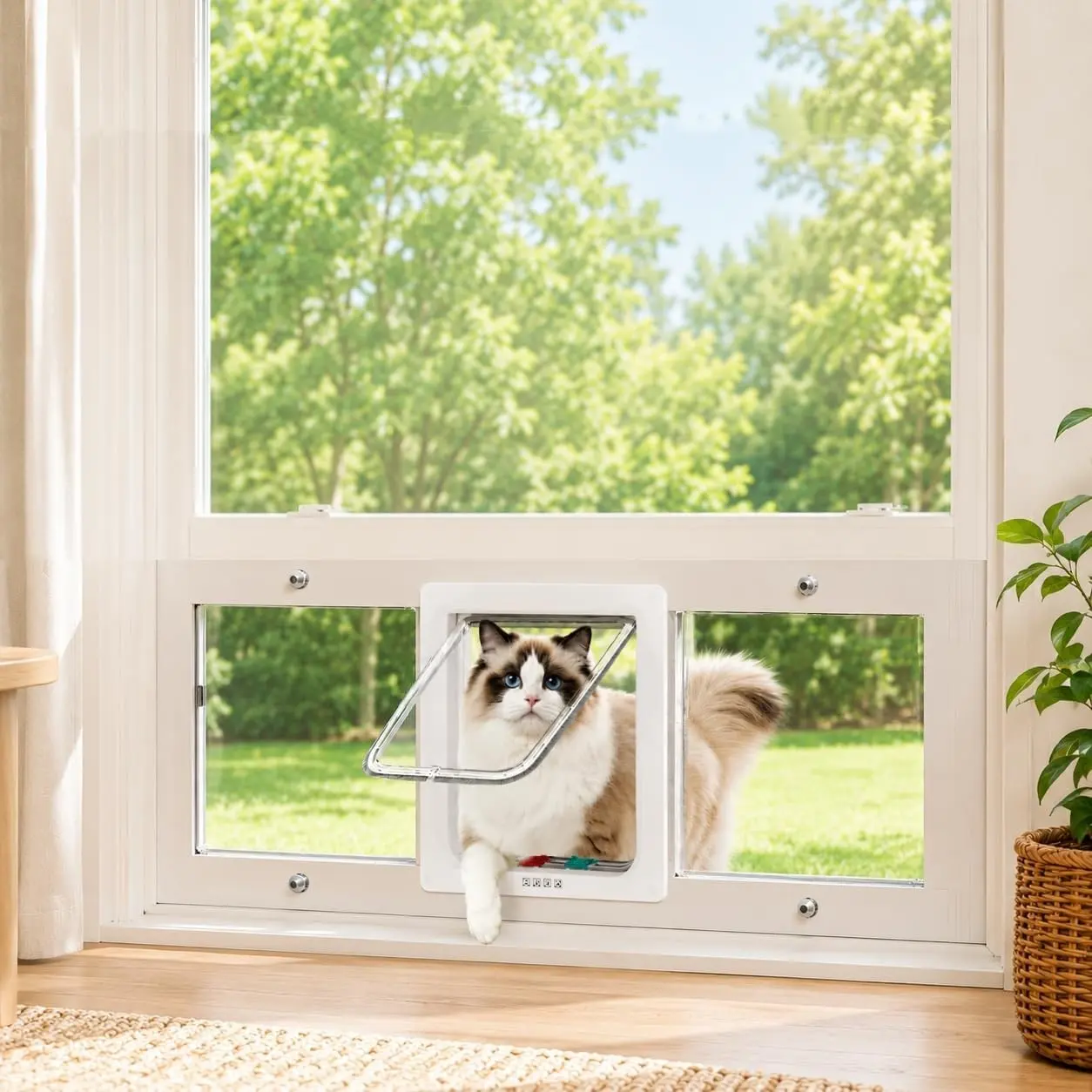 White Window Pet Door Insert for Cats & Small Dogs - 13.3" H, 28-33" Adjustable Width, 4 Lock Modes, Magnetic Close, Quick-Fit, Weatherproof Design