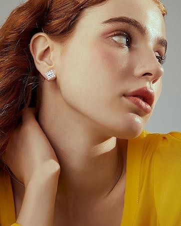 4 Pairs Trendy Sterling Silver CZ Stud Earrings for Women 14K Gold Plated Brilliant Celtic Heart Big Stud Earrings Set Cubic Zirconia Earrings Studs for Sensitive Ear