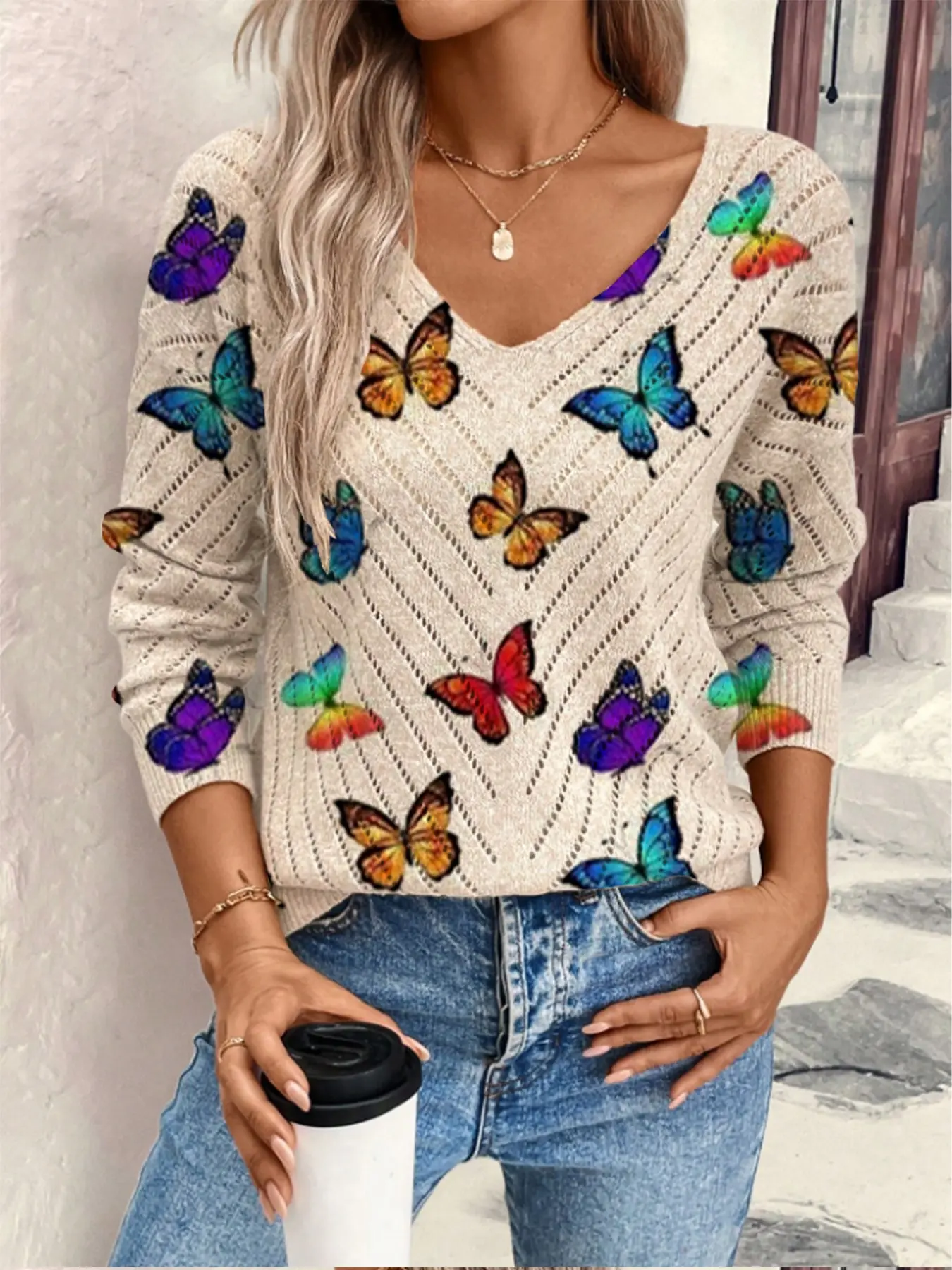 Women's Fall Butterfly Print Knit Sweater, Hollow Out V Neck Long Sleeve, Casual Elegant, Suitable for Commute Top