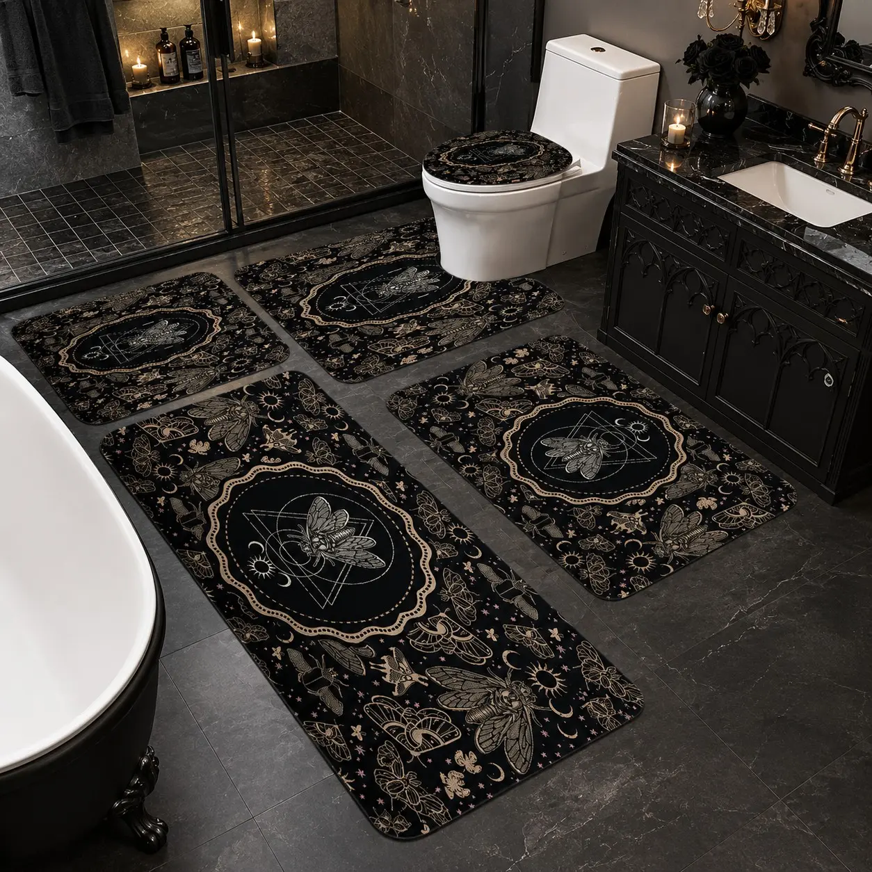 3/5Pcs Halloween Bathroom Rugs Set, Gothic Witchy Moth Beetle Moon Sun Print Bath Mat Set, Non Slip Absorbent Washable Floor Runner, U Shaped Toilet Mat & Lid Cover, Mystic Fall Bathroom Decor For Home Apartment Hotel, Absorbent Bathroom Mats