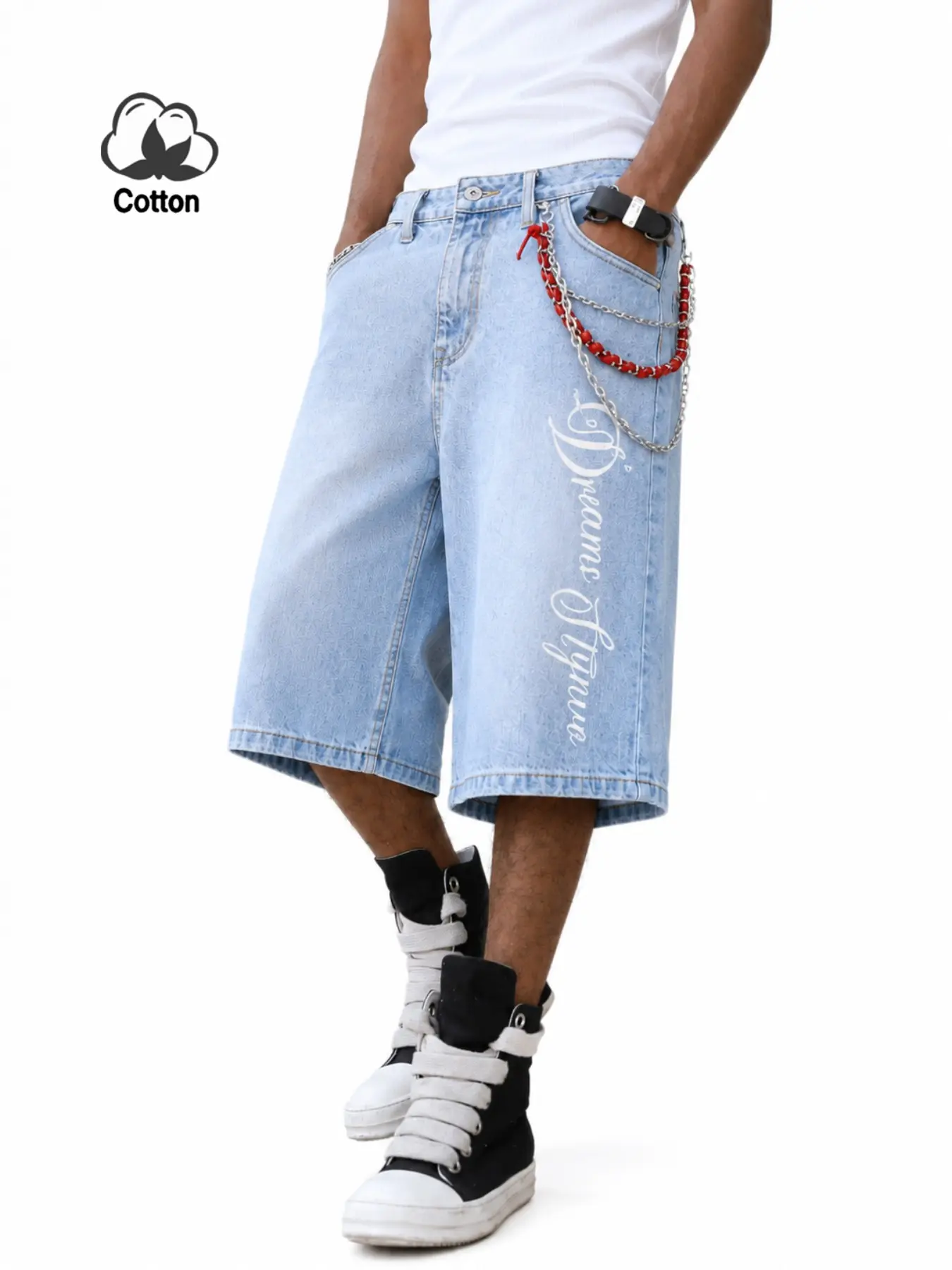 Light Wash Baggy Denim Jorts For Men, Side Cursive Script Embroidery Knee Length Jean Shorts, Chain Decor Y2K Hip Hop Loose Fit Bottoms, Vintage Streetwear Casual Summer Shorts