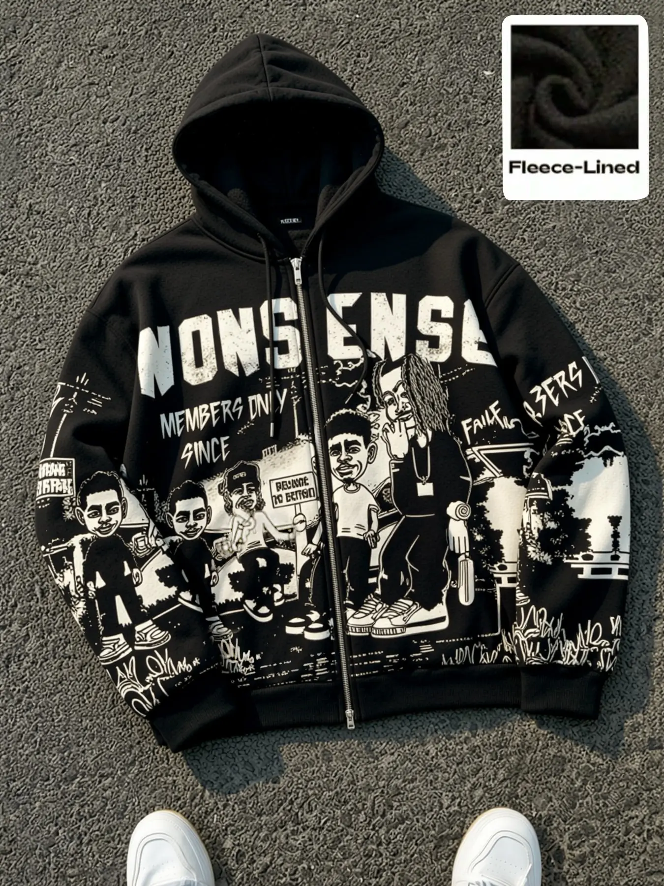 American Hip Hop Cartoon Full Print Fleece Lined Zipper Hoodie, Vintage Distressed Letter High Street Loose Fit Long Sleeve Sweatshirt, Fall & Winter