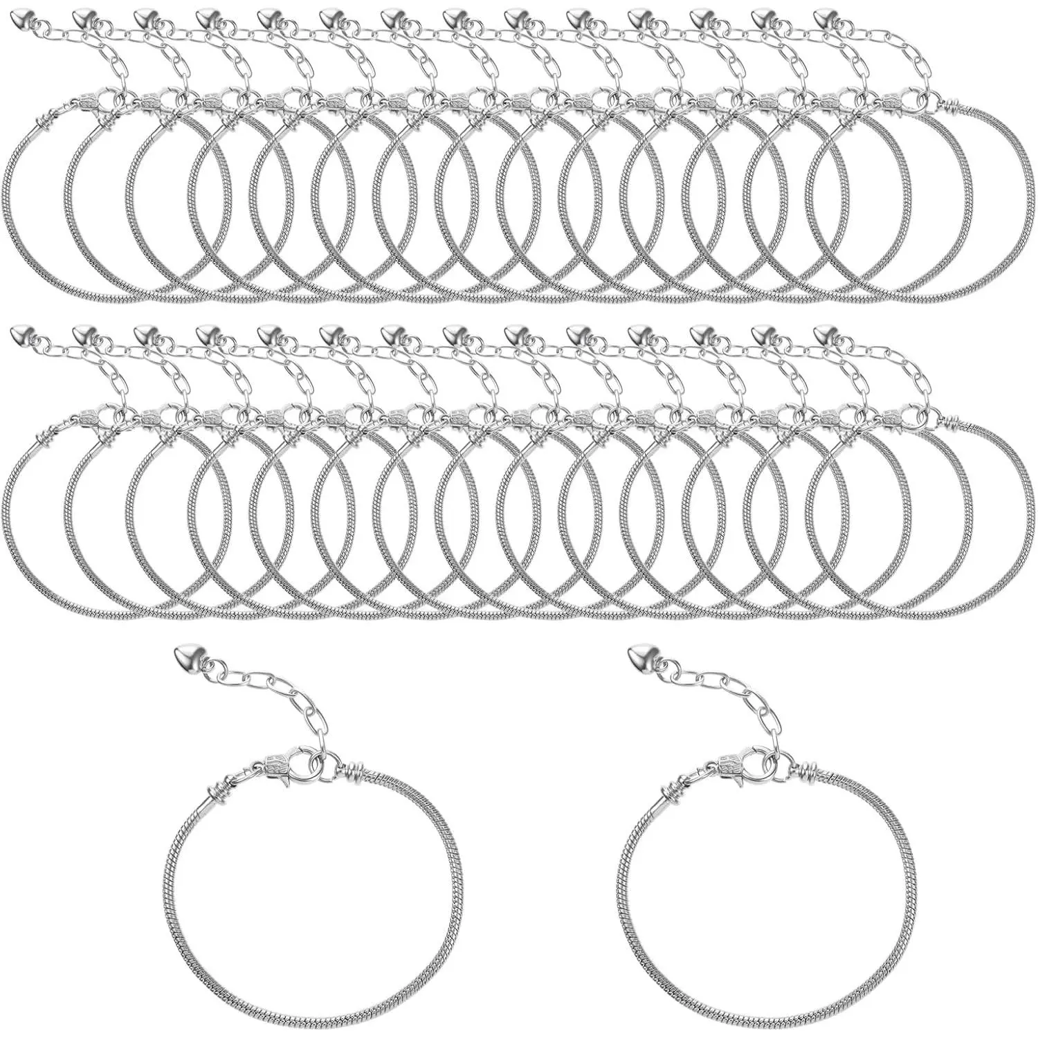 30 count Adjustable  Snake Charm Bracelet Chains with Heart Lobster Clasp Extender DIY  Making Supplies for Women (7.87 Inch)