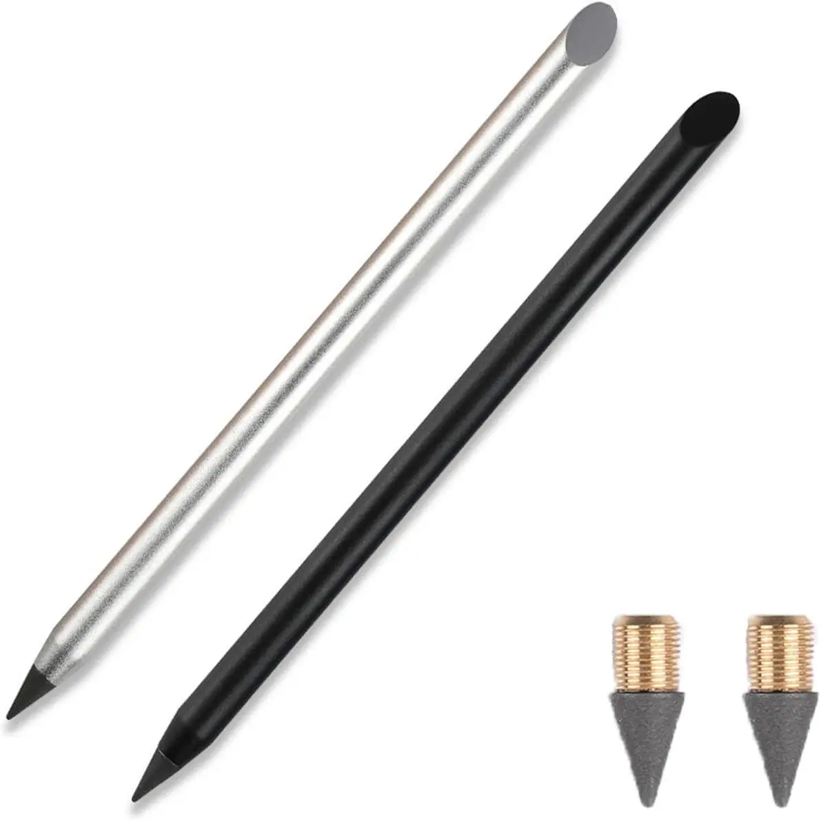 2 count Metal Inkless Pencil with BONUS 2 Replaceable Nibs, Metal Inkless Pen Erasable Pen Metallic Pencil  Everlasting Pencil for Writing Drawing  Office School Supplies (Black & ).