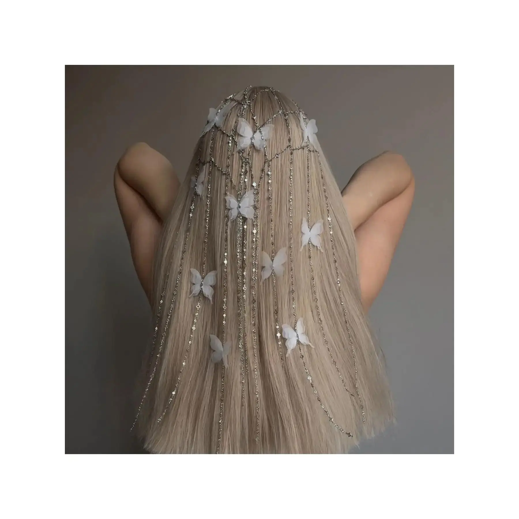 2026 Ocean Style Fairy White Butterfly Rhinestone Tassel Hair Chain, Boho Long Crystal Fringe Headpiece Wedding Bridal Mesh Butterfly Hair Accessory for Women