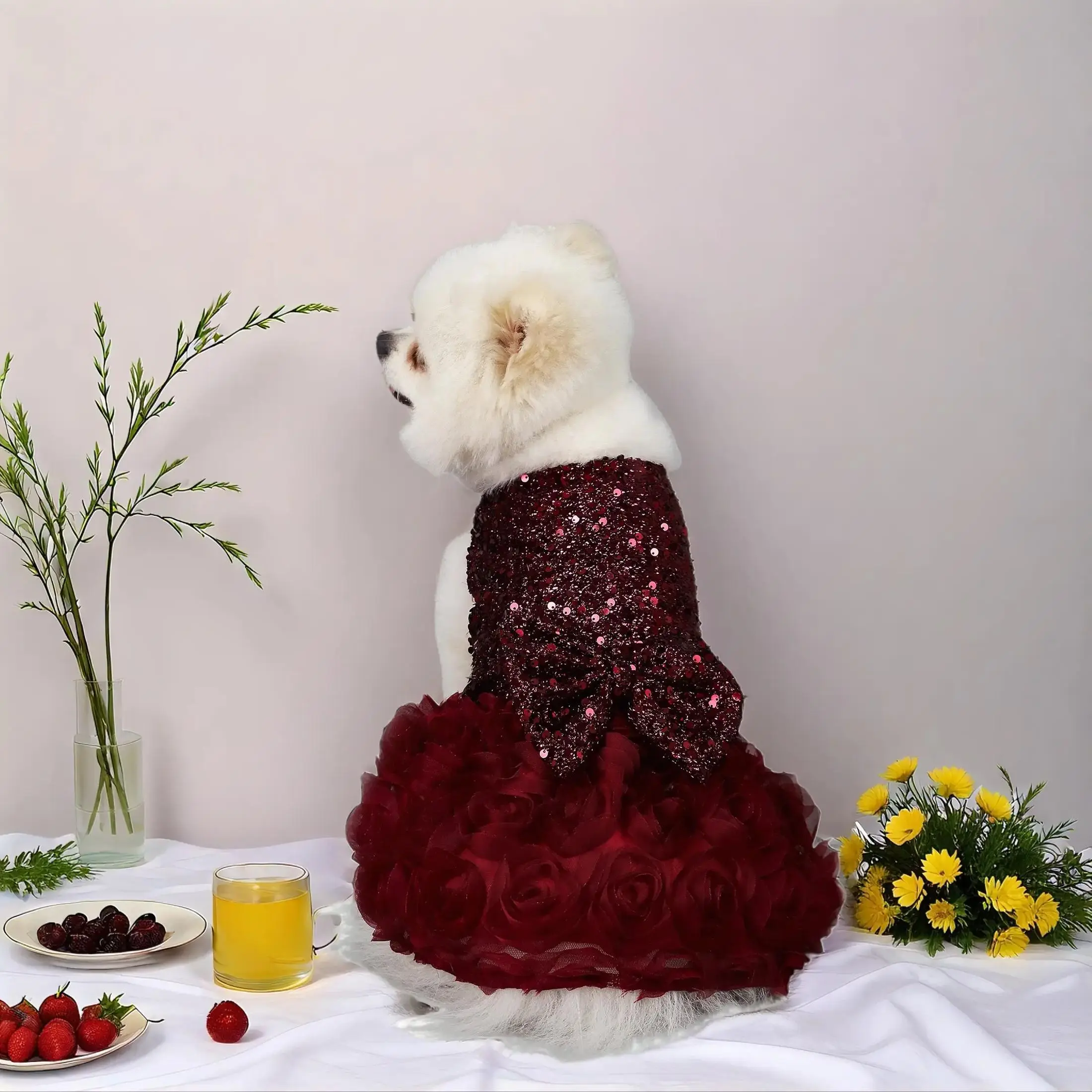 Elegant Pet Dress for Poodle Dogs & Cats, Puppy Clothes - Sleeveless Sequin Mesh with Rose Decor & Waist Bowknot, Perfect for Gifts & Party Occasions