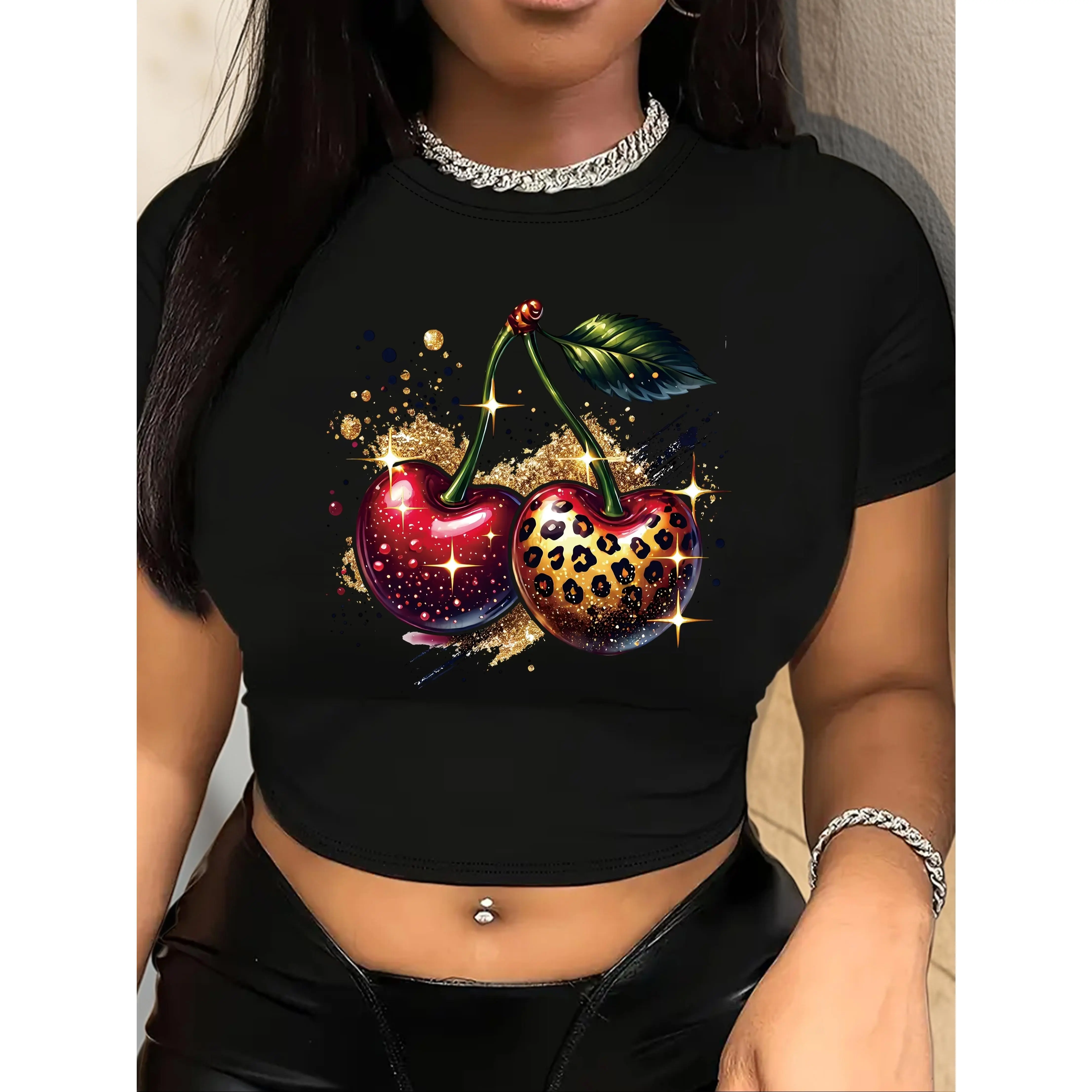 Women'S Casual Crew Neck Short Crop Top T-Shirt with Leopard Print Cherry Graphic, Polyester Knit Fabric with Elastane, Short Sleeve, All Season Wear Slim Shape Men's Moisture Wicking Monaco Club Flag Hoodie