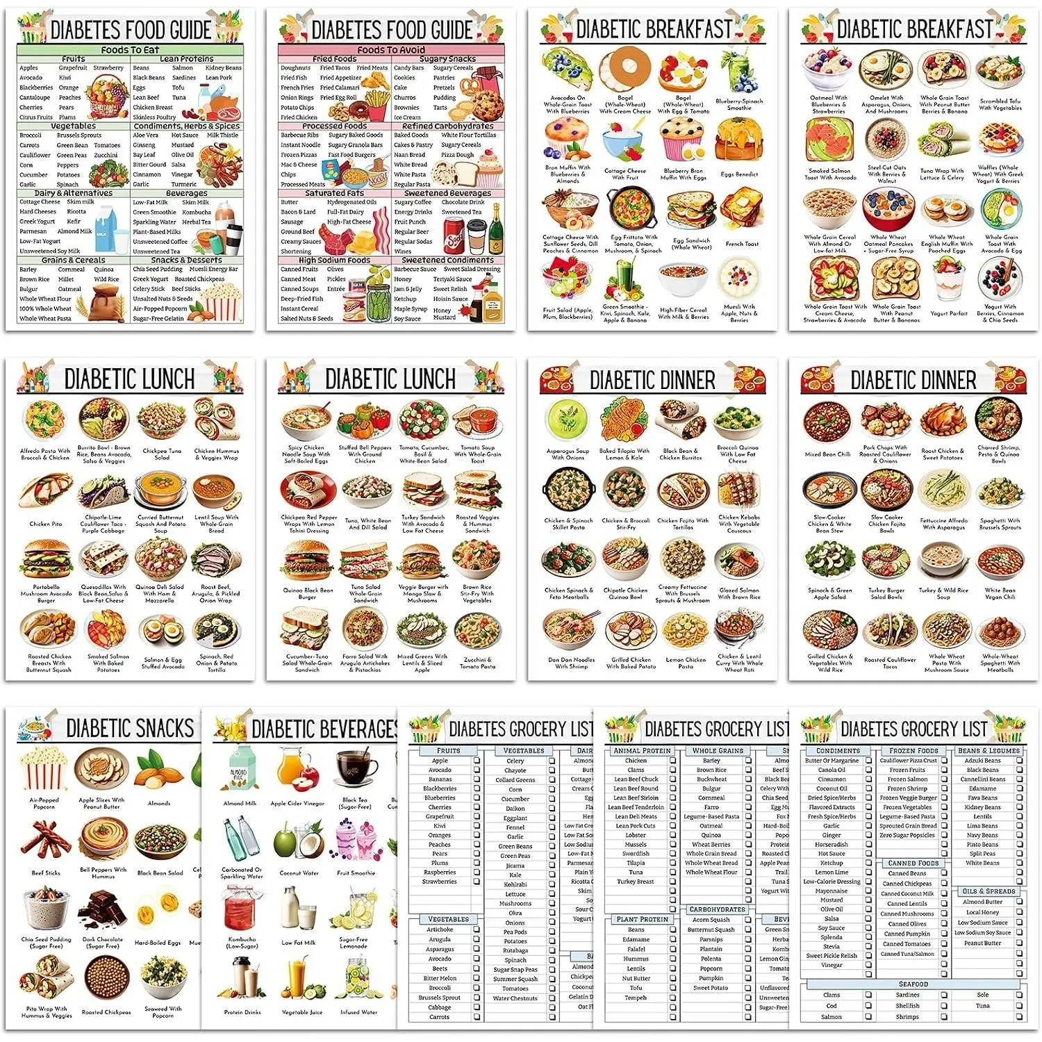 13 Pcs Diabetes Food List Chart & Meal Planner, Diabetic Meal Plan Glycemic Index Food Grocery Chart for Blood Sugar Control