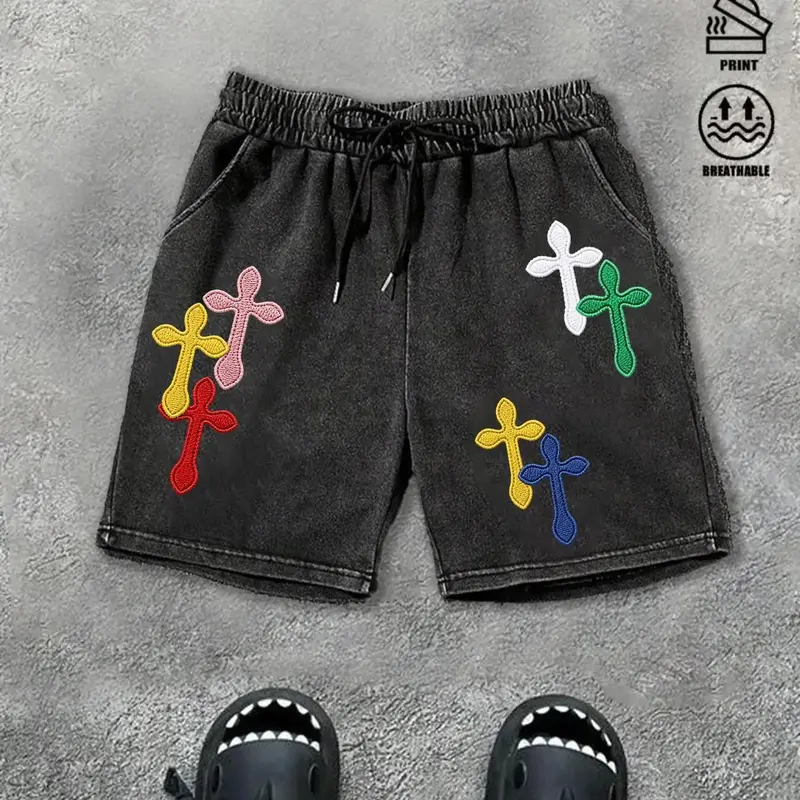 Men's Plain Embroidery Design Embroidered Shorts, Loose Casual Street Fashion Drawstring Waist Shorts for Summer, Men's Bottoms for Daily Wear, Casual Streetwear Shorts