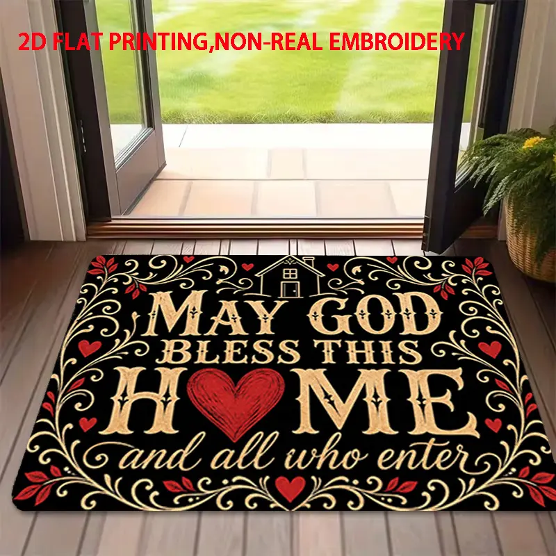 Flannel Floor Mat 1-piece, 2D flat printing, religious blessing pattern entrance door mat MAY GOD BLESS THIS HOME entrance mat, non-slip, machine washable, easy to clean polyester carpet, suitable for home and outdoor decoration, ideal for entryways, bedr