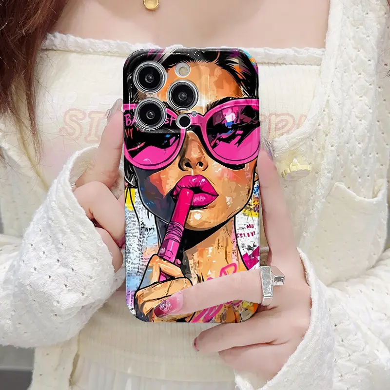 Mobile phone case: pink sunglasses women hold pink lip glaze lip style design slim mobile phone case, all-inclusive anti-drop hard case, lens protection, suitable for iPhone 17, 16, 15, 14, 13, 12, 11, Pro Max/Pro/Plus mobile phone case, wedding