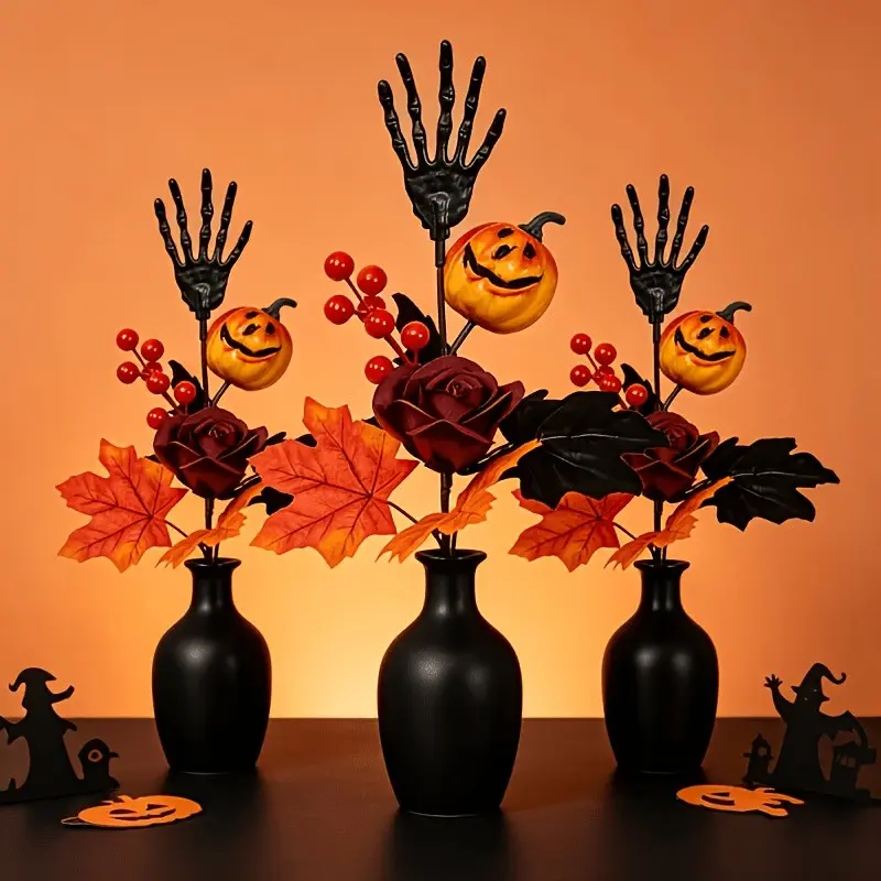 3-Pack Halloween Pumpkin Skull Hand Bouquets, Autumn Maple Leaf Decorative Fake Flowers, Festive Holiday Decoration Set