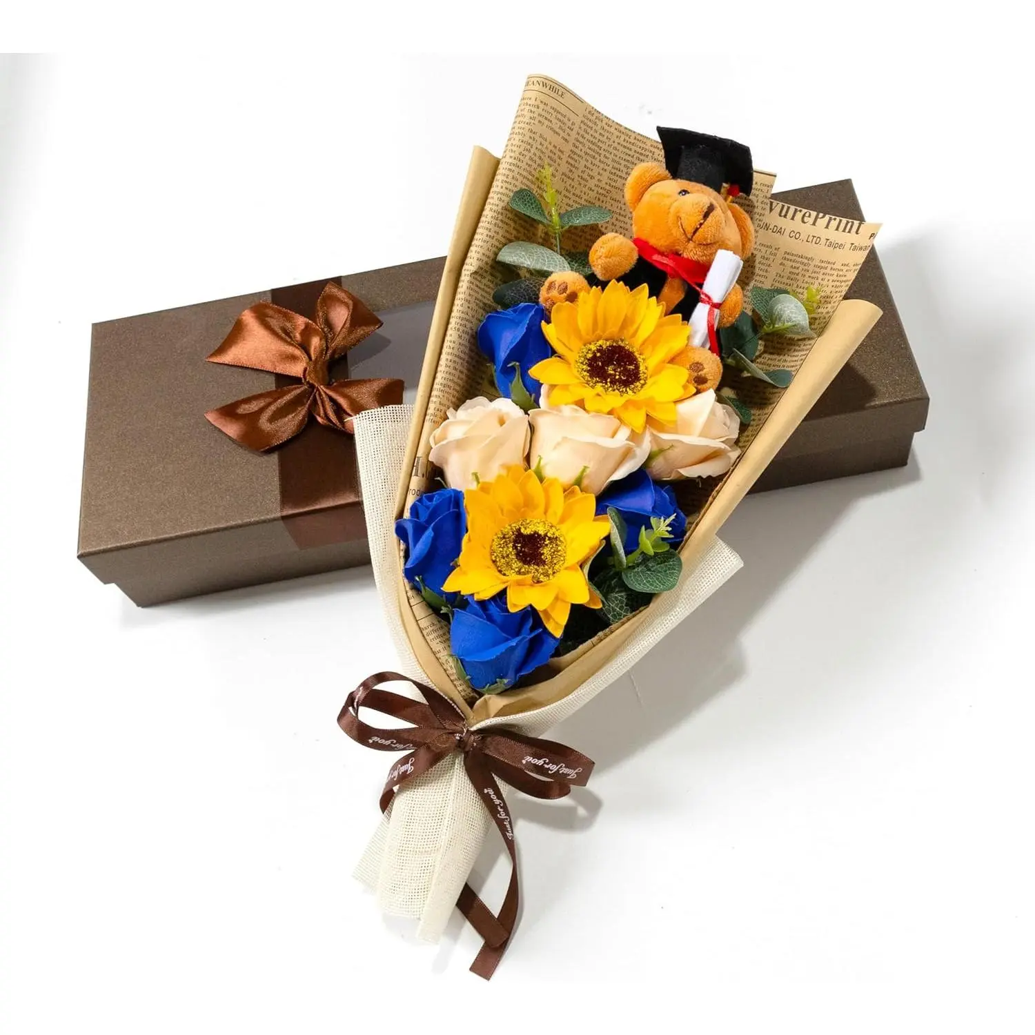 13" Fragranced Satin Flower Bouquet, 13x4.2" Decorative Plant Arrangement, Mini Plush Grad Cap Teddy Bear & Photo-Ready Gift Box (13"d x 3"w x 4"h, Blue) - Universal Graduate Souvenir Photo Prop Home Decor