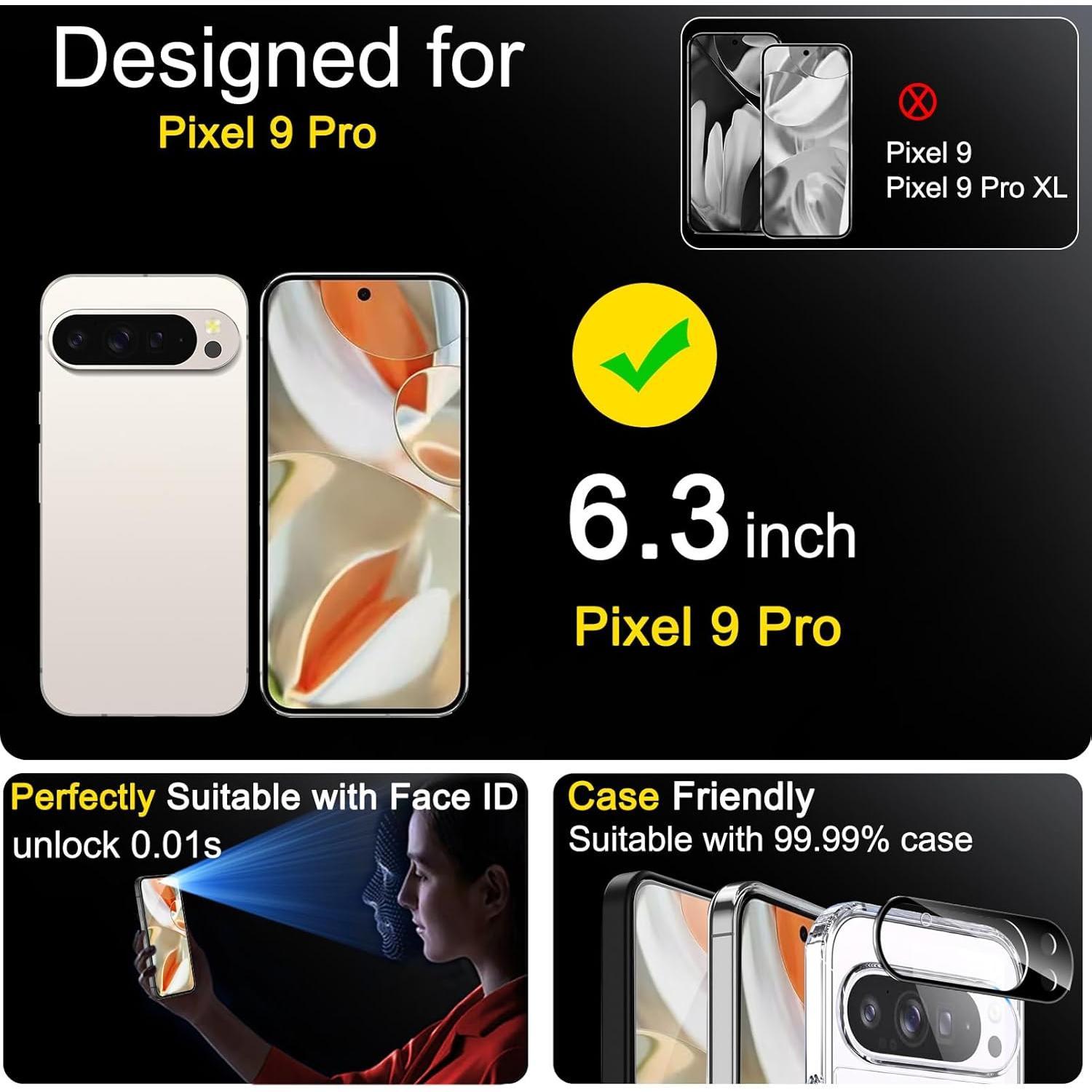 Full Coverage 3 Pack  Screen Protector for  Pixel 9 Pro [Phone Case Friendly], 3 Pack Tempered Glass Camera Lens Protector Accessories [Auto- Dusting & Adhesive]