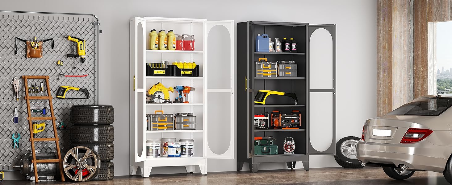 61"  71"  75" Tall Display Cabinet with Glass Door, 5 Tier Metal Curio Cabinet with 4 Adjustable Shelves, Locking Glass Display Case for Collectibles, Showcase Storage Cabinets for Showroom Clinic, White