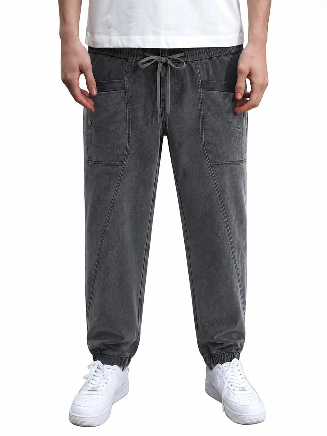 Men’s Charcoal Gray Washed Denim Jogger Pants with Drawstring Waist, Utility Pockets and Elastic Cuffs, Relaxed Fit Casual Jeans