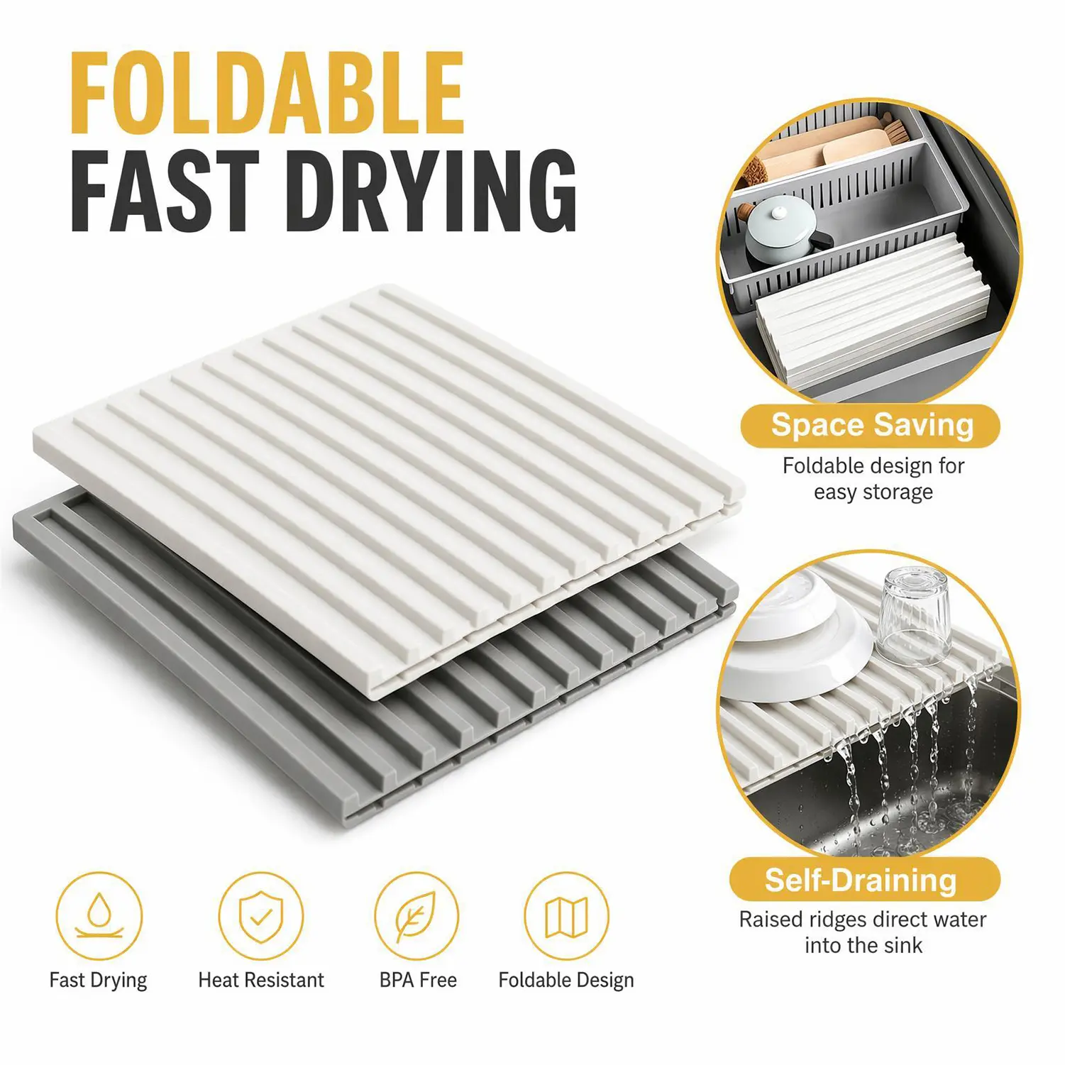 Foldable Silicone Dish Drying Mat, Over Sink Sloped Drainage Drying Pad, Heat Resistant Non-Slip Kitchen Counter Drain Mat  Rack   for Dishes Cups Utensils