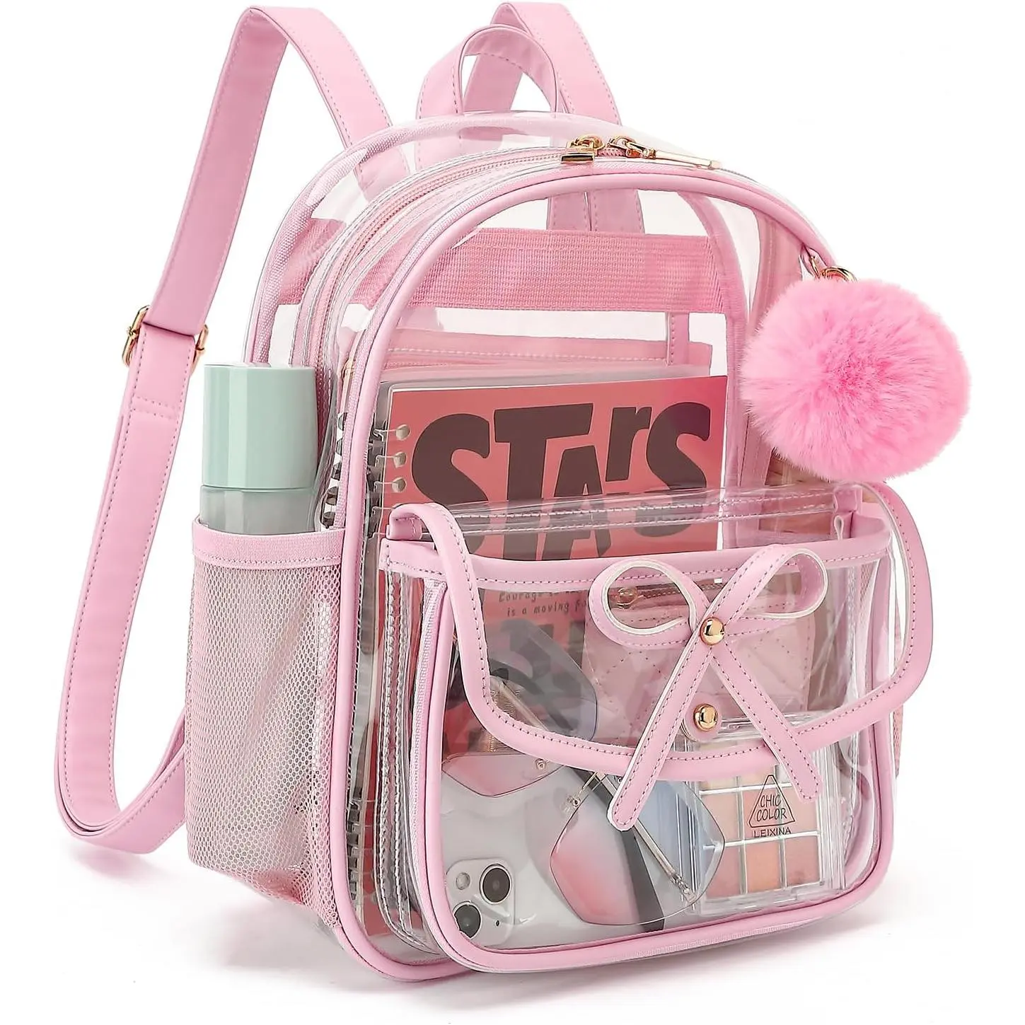 Clear Backpack for Stadium Events 12x12x6, Thick PVC Small Clear Bag with Leather Trim Fashion Women Backpack