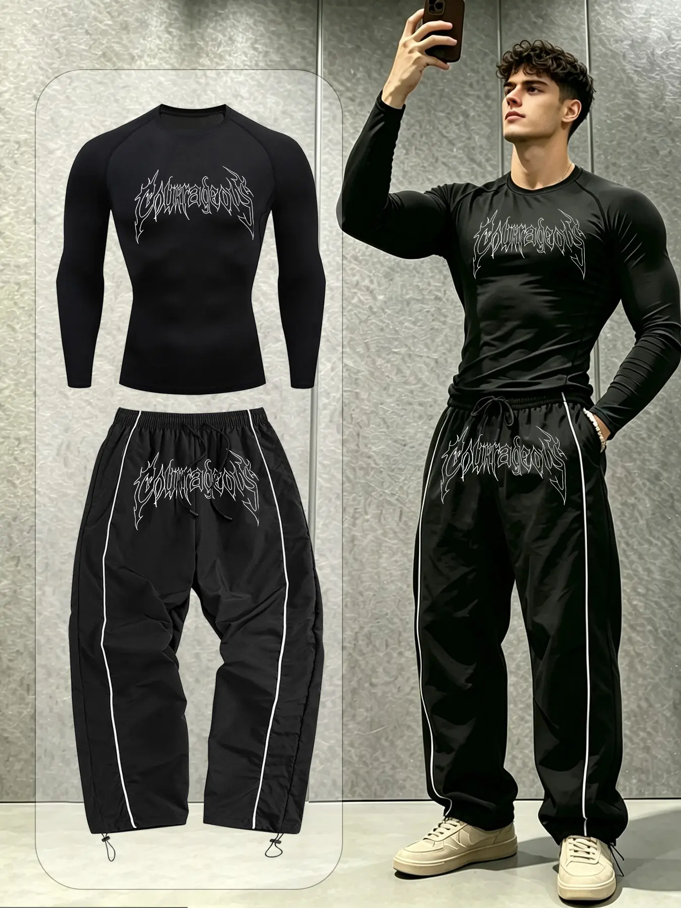 Men's Gothic Letter Print Fitness Set, Stretch Fitted Quick-Dry Long Sleeve Top, Side Stripe Wide Leg Sport Pants, All Seasons