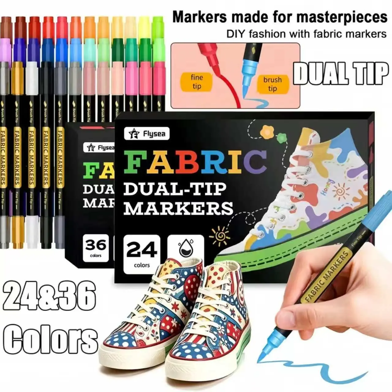 Flysea Dual-Ended Fabric Marker Pen, 24/36 Colors, DIY Craft Stencil Brush, Waterproof Non-Fading, Ideal for Canvas Shoes Hand Drawing
