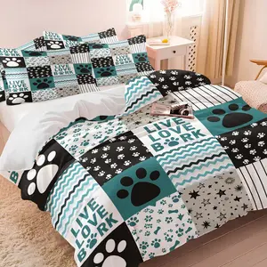Dog Paw Chevron Striped Patchwork Bedding Set, 1 Duvet Cover + 1/2 Pillowcases, No Core, HD Vivid Print, Star & Paw Quote Design, Skin Friendly Bedding for Pet Lover Room Decor