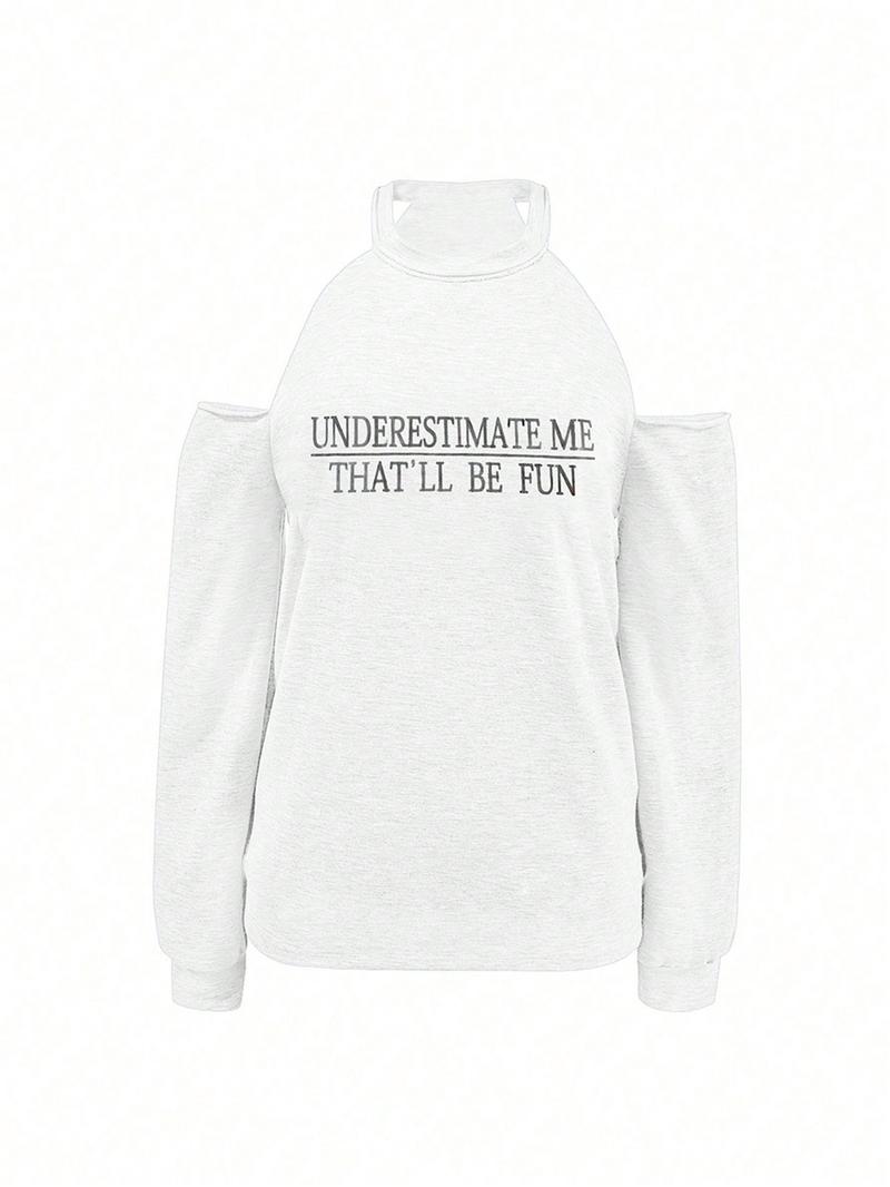 Women's Letter Print Cold Shoulder Tee, Casual Long Sleeve T-shirt for Daily Wear, Ladies Clothes for All Seasons