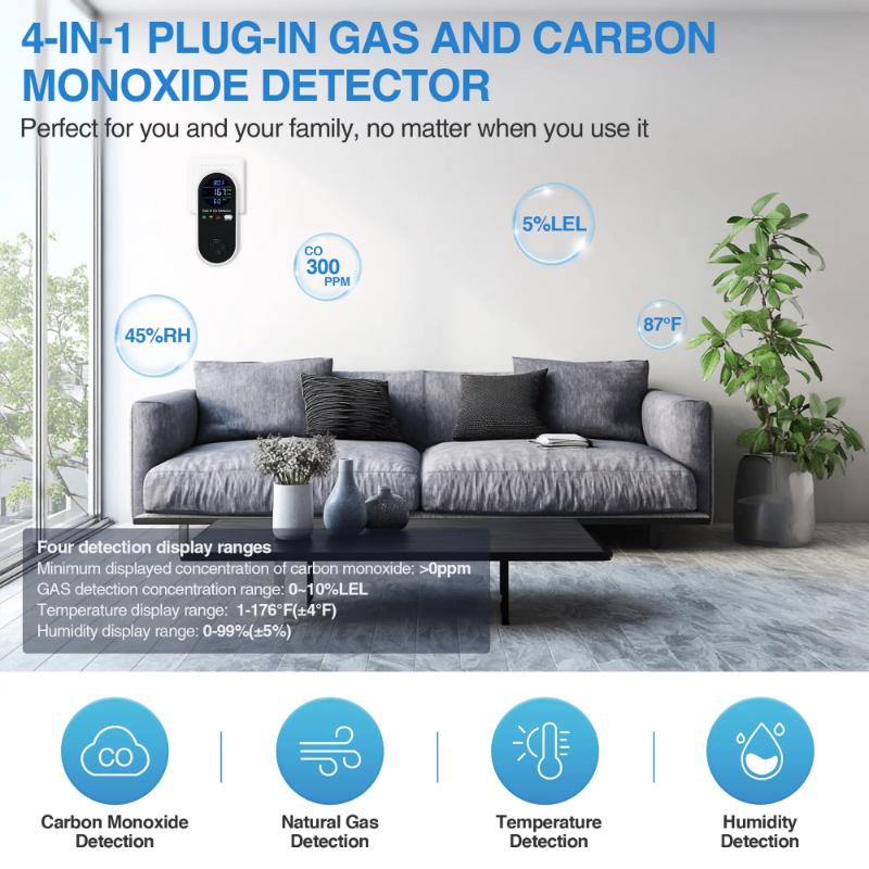 4-in-1 Display Remind,Plug in with Temperature Humidity Sensor Built-in,with DualSensor,Air Safety Remind with Clear Display Sound &Light for Homes,Kitchens,Apartments,RVs.
