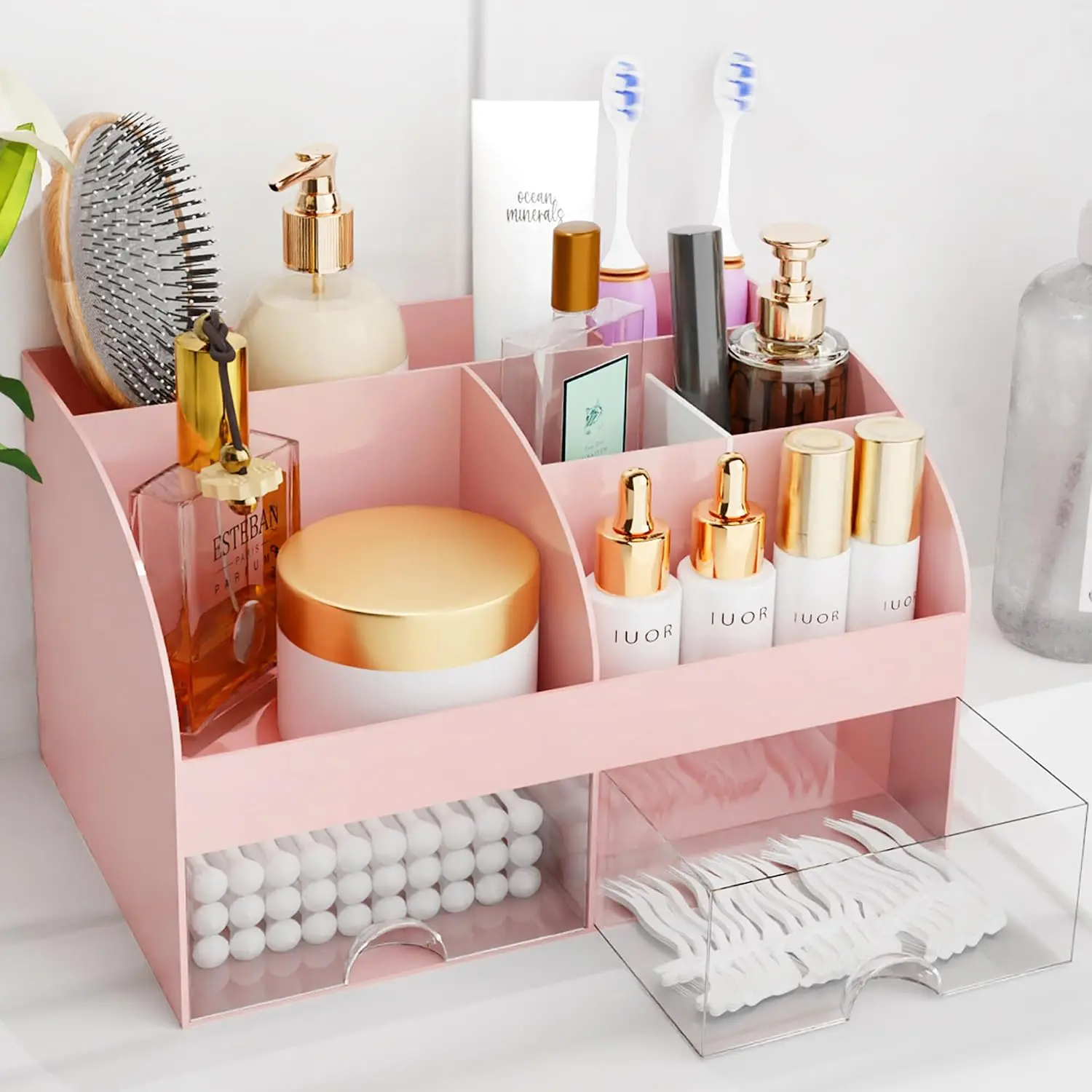 Pink Modern Compact Plastic Beauty Organizer Box with Drawers - Cosmetic Storage Box for Dresser Vanity, Bathroom Countertop - Lipstick, Brush, Skincare Holder, Boxes