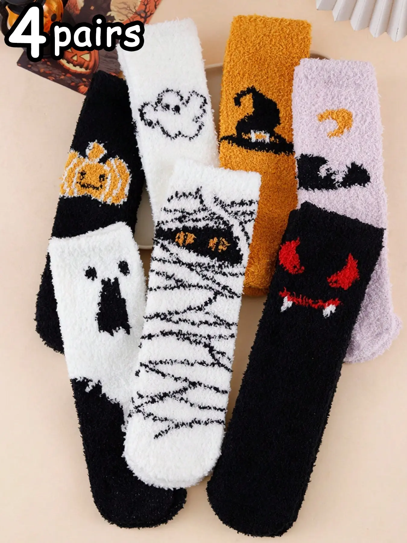 4 Pairs Halloween Pumpkin Ghost Pattern Crew Socks, Thick Coral Fleece, Fall Winter, Unisex, Party & Festival Wear, Casual Style