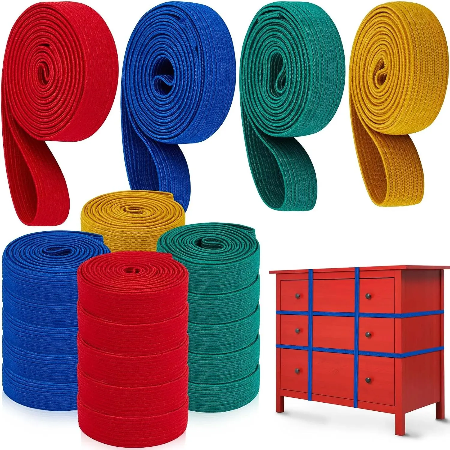 Extra Large 42" 36" 30" 25" Heavy Duty Elastic Moving Bands for Furniture, 24 Pcs, 4 Assorted Colors, Stretch Straps for Mover Pallets Blankets Boxes Packing Supplies