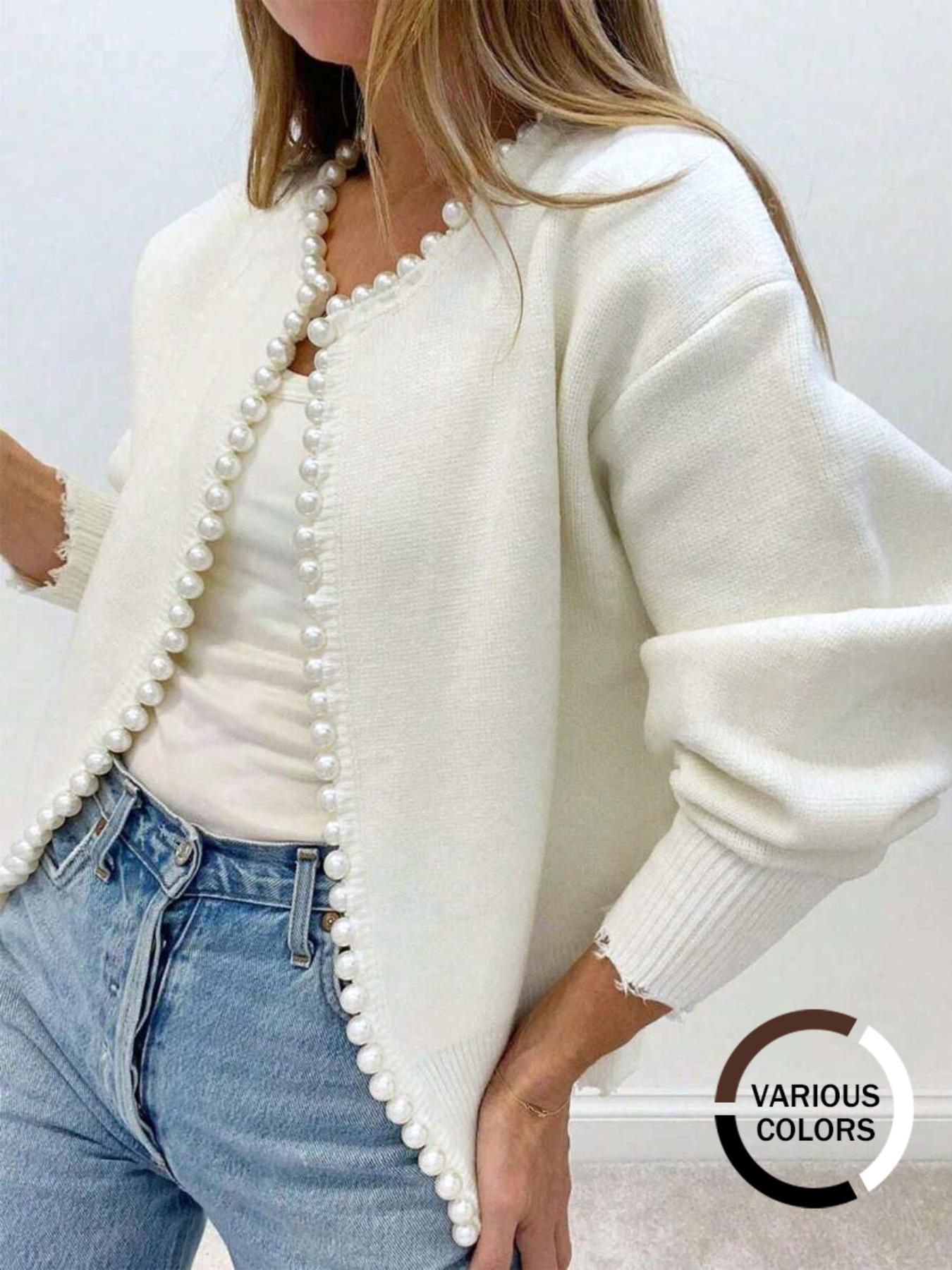 Women's Solid Faux Pearl Decor Drop Shoulder Knitting Cardigan, Casual Long Sleeve Open Front Knitwear for Fall & Winter, Fashion Women's Knit Clothing for Daily Wear