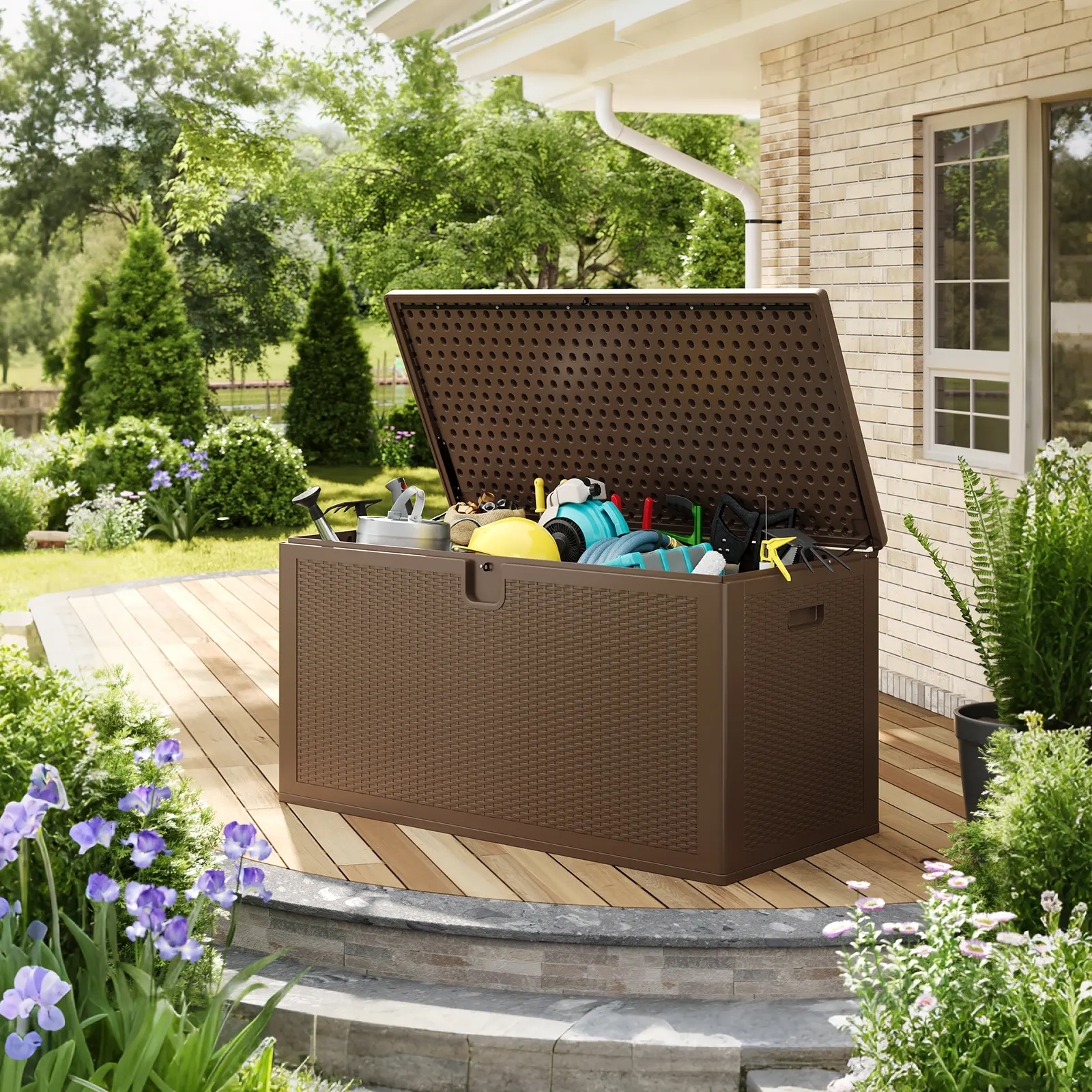 150 Gal Heavy-Duty Plastic Outdoor Deck Storage Box - Waterproof, Lockable Organizer with Reinforced Lid, Supports Up to 800 lbs, Assembly Required for Organizing Patio Cushions, Ideal for Gatherings, Organize, Pool