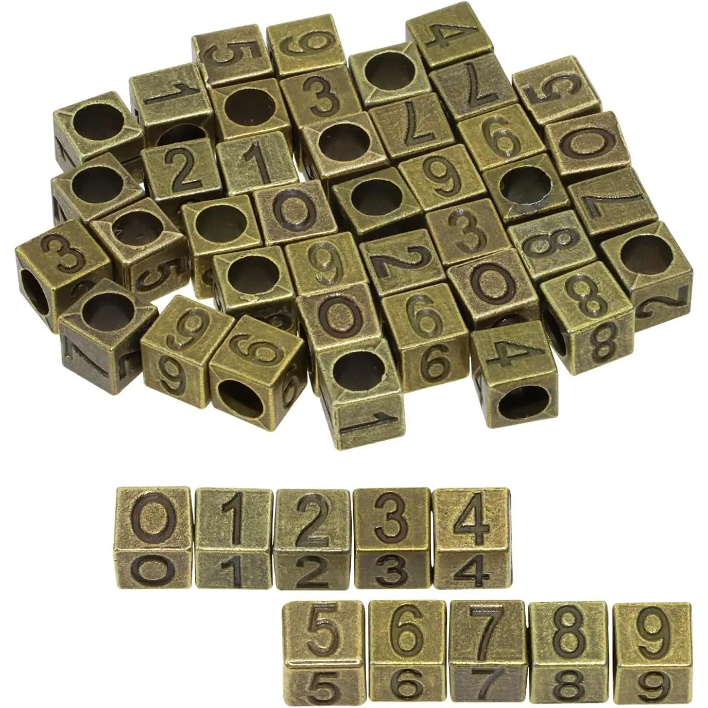 50 count Metal Number Beads Square 0-9 Number Charms Cube for Bracelets  Making Necklaces Keychains Earrings Crafts Crochet DIY Gifts Projects, 7x7mm (Bronze)