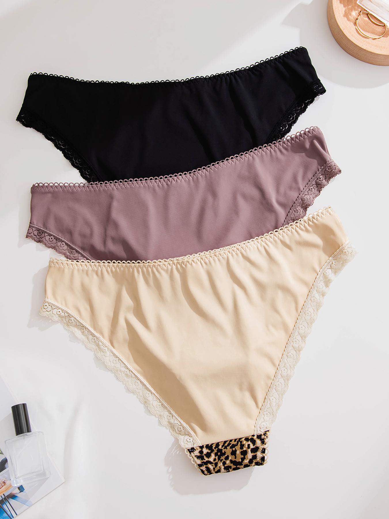 【Plus Size】 Leopard Print Lace Trim Brief, Soft Comfortable Breathable Panty for Daily Wear, Women's Underwear for All Seasons