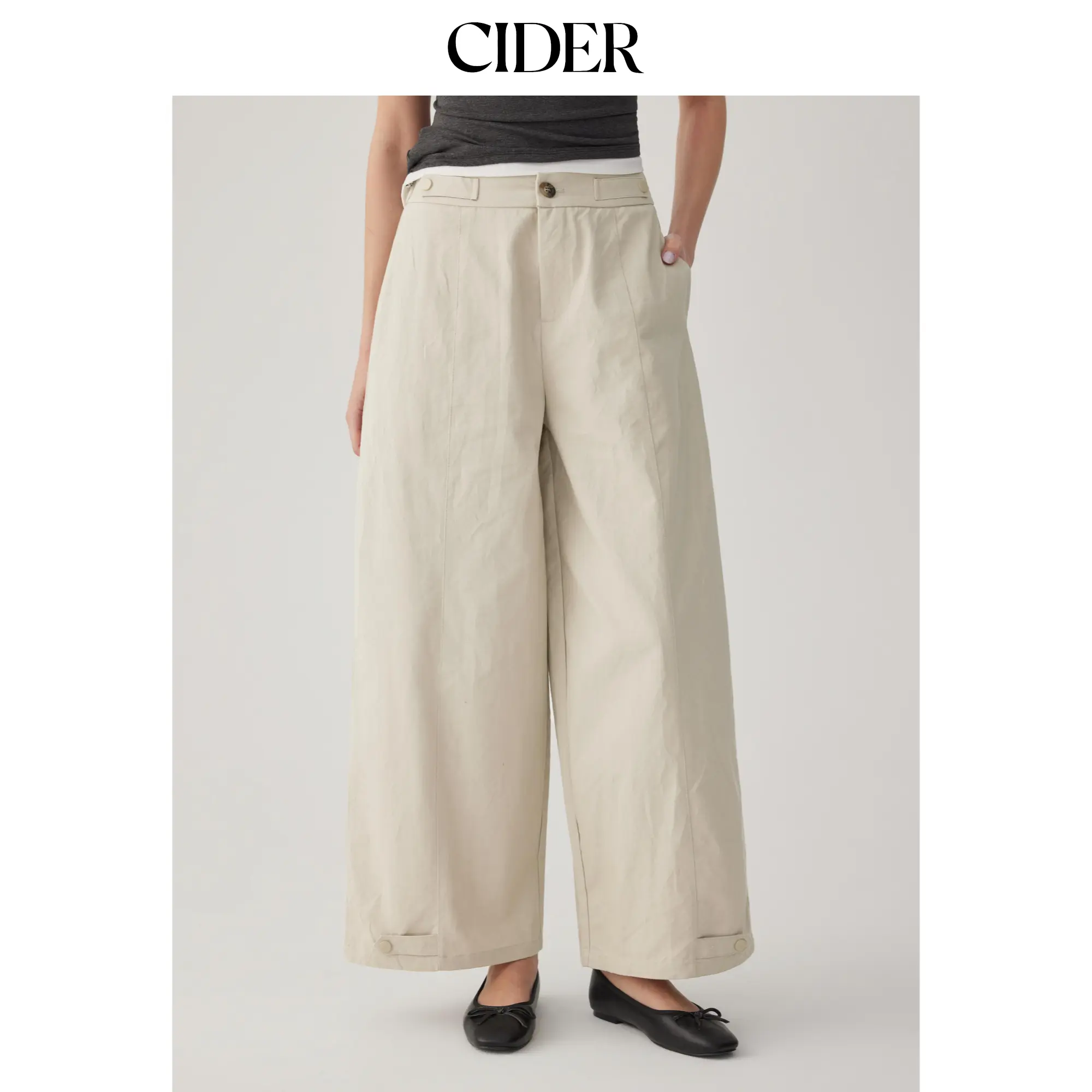 Cider Cotton-blend Mid Rise Wide Leg Trousers with Metal Detail