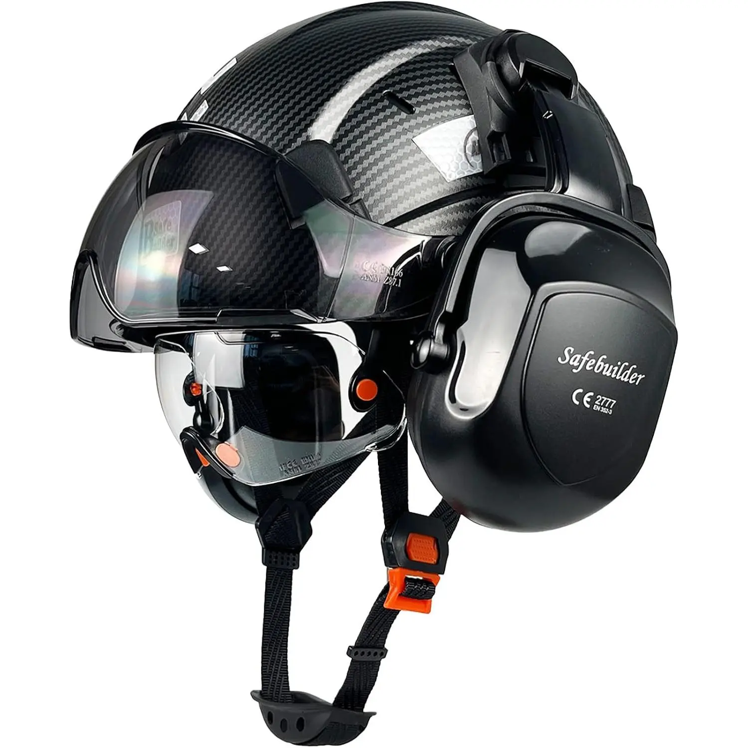 Adult Unisex Carbon Fiber Head Guard - High-Strength ABS Vented Shell with Flip Goggles, Ear Covers, Chin Strap, Size Adjustable, cm/inches Fit for Workshop, Gardening, Shooting