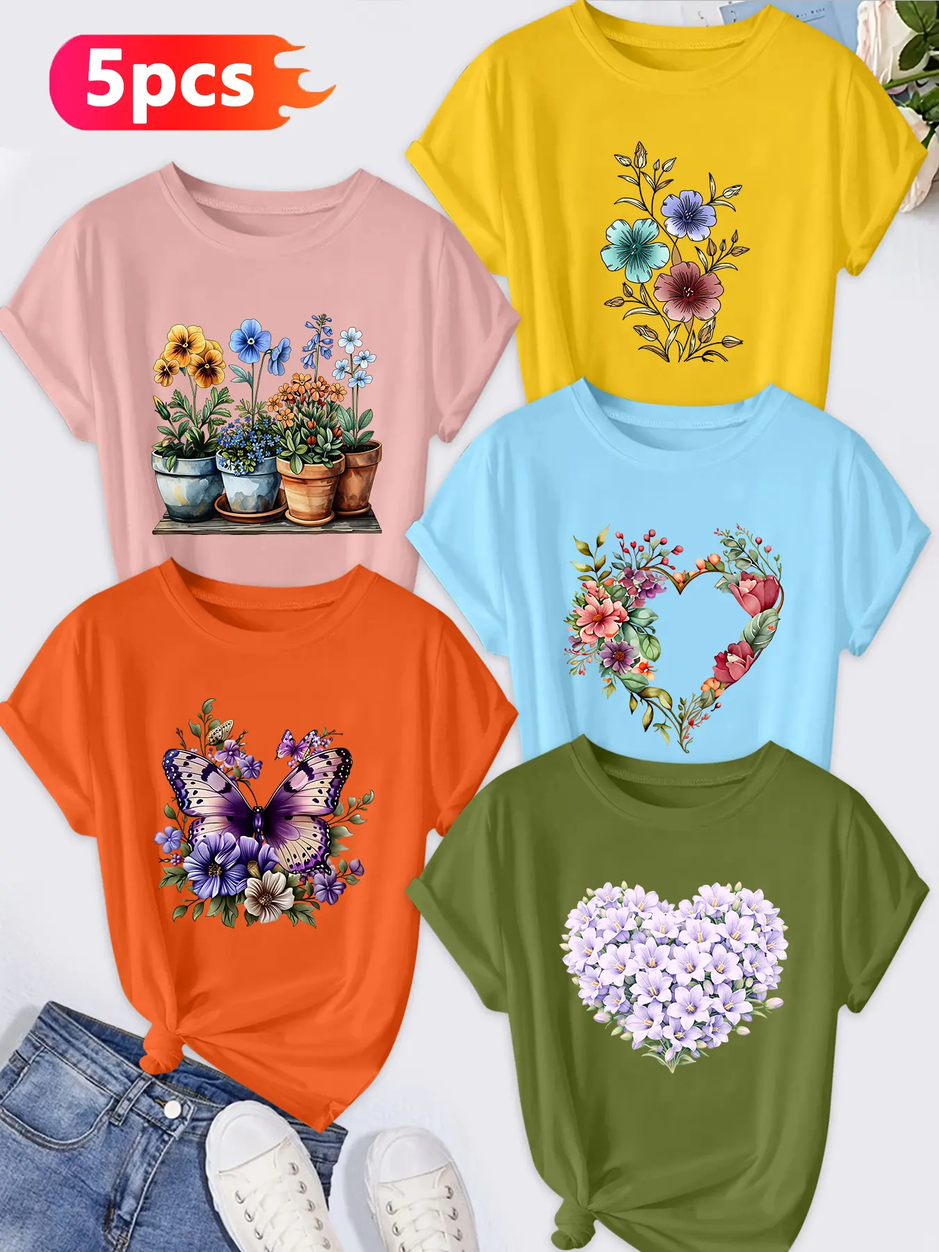 5Pcs Plus Size Women Crew Neck T-Shirt, Potted Flower Butterfly Heart Floral Fresh Print, Multi-color Washable Spring Summer Top, Soft Skin-friendly Fabric Daily Versatile Fashion Design