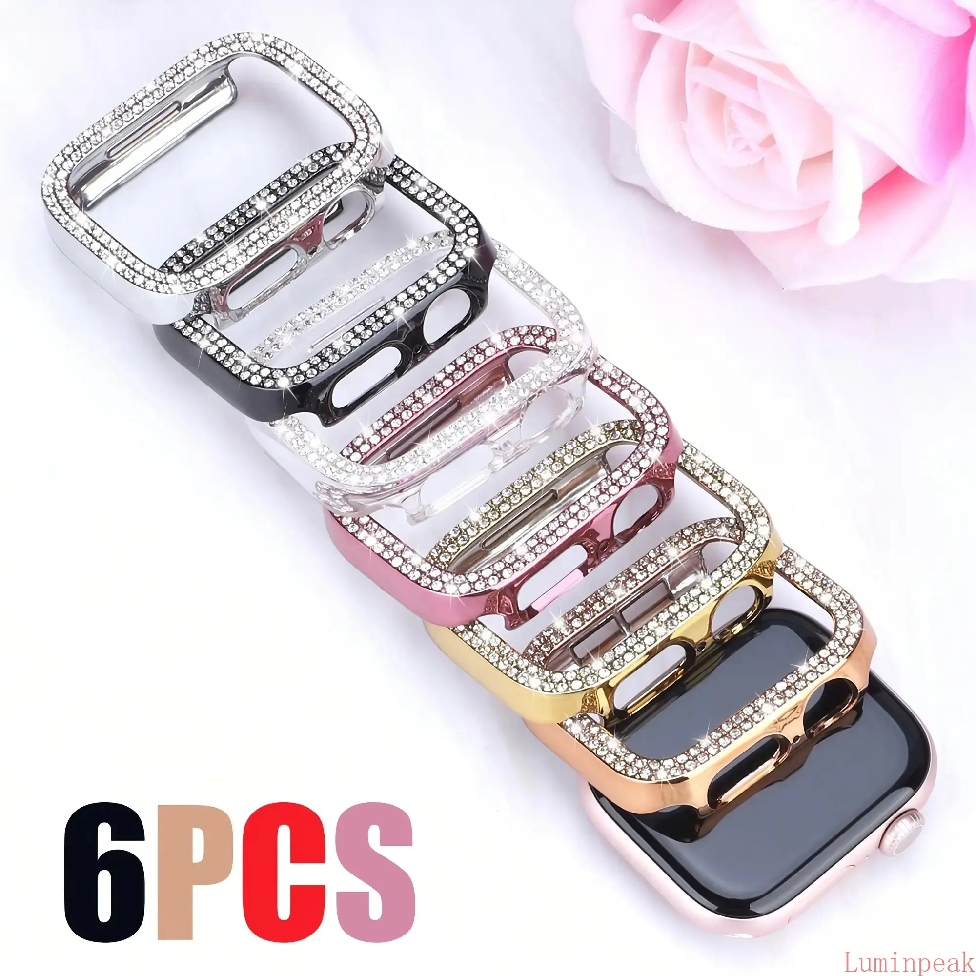 2026 New 6 Pack Double Row Rhinestone Apple Watch Protective Cases, Lux Sparkling Bling Shell Compatible With Series 11/10/9/8/7/6/5/4/SE, Fits 40/41/42/44/45/46mm Smartwatch