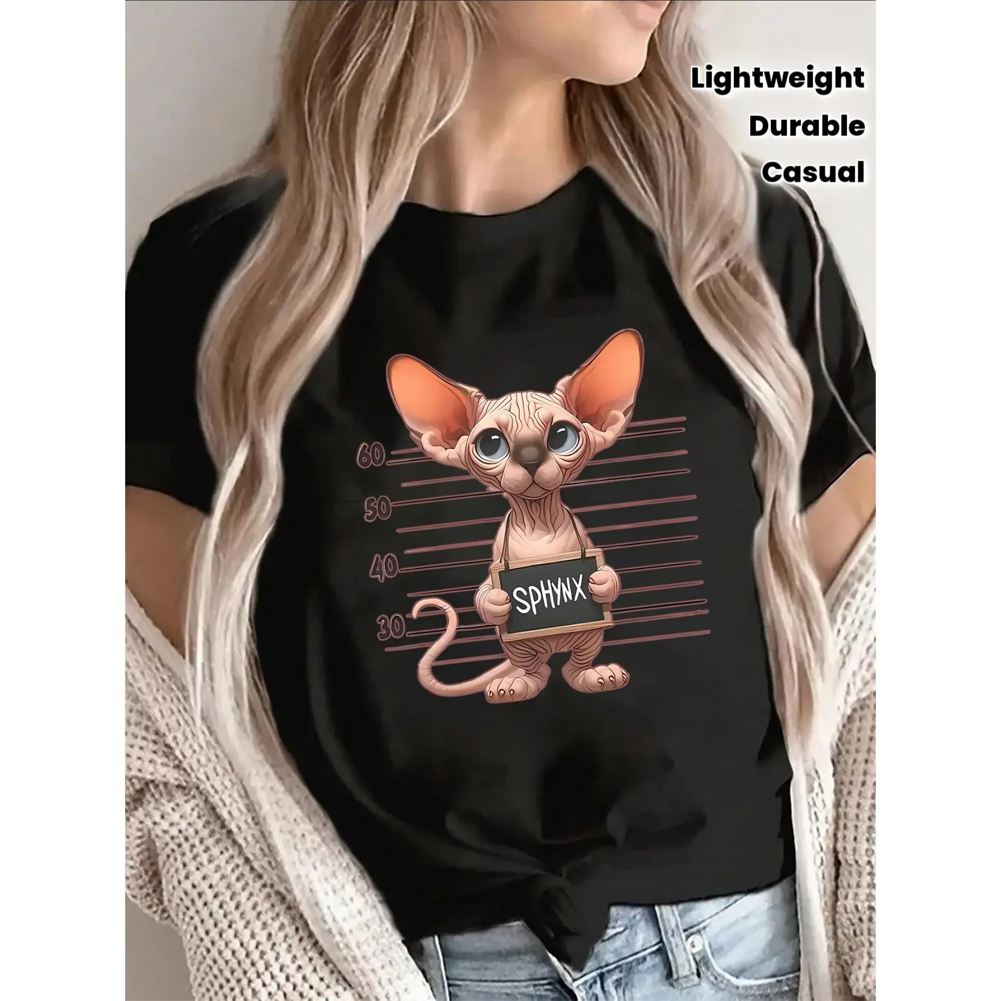 Lightweight And Durable Short-Sleeve T-Shirt Made Of, Showcasing a Sphynx Cat Print. Ideal for Casual Outings at Home Or in a Café, It Boasts a Vibrant Animal Design That Adds a Fun Touch, Making It Perfect for Daily Comfort And Style