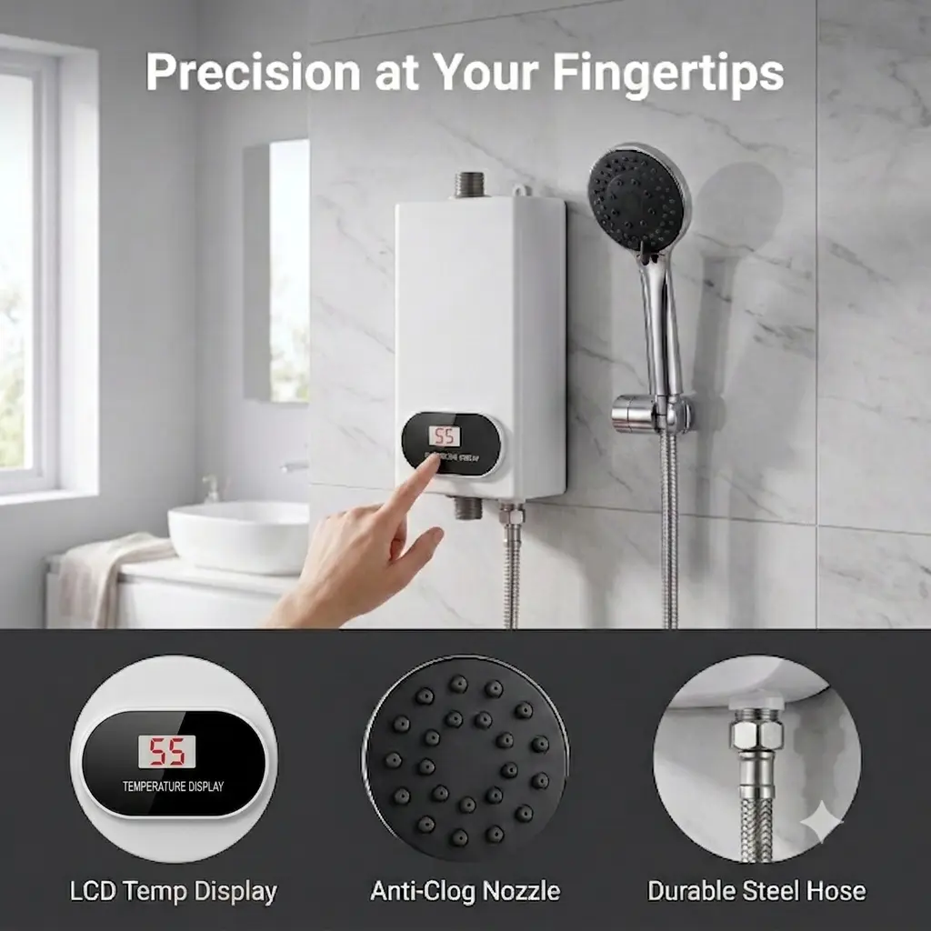 Instant Hot Water Tankless Heater 3500W, White Stainless Steel Unit with Shower Head & LCD Display, Suitable for Home and RV Use