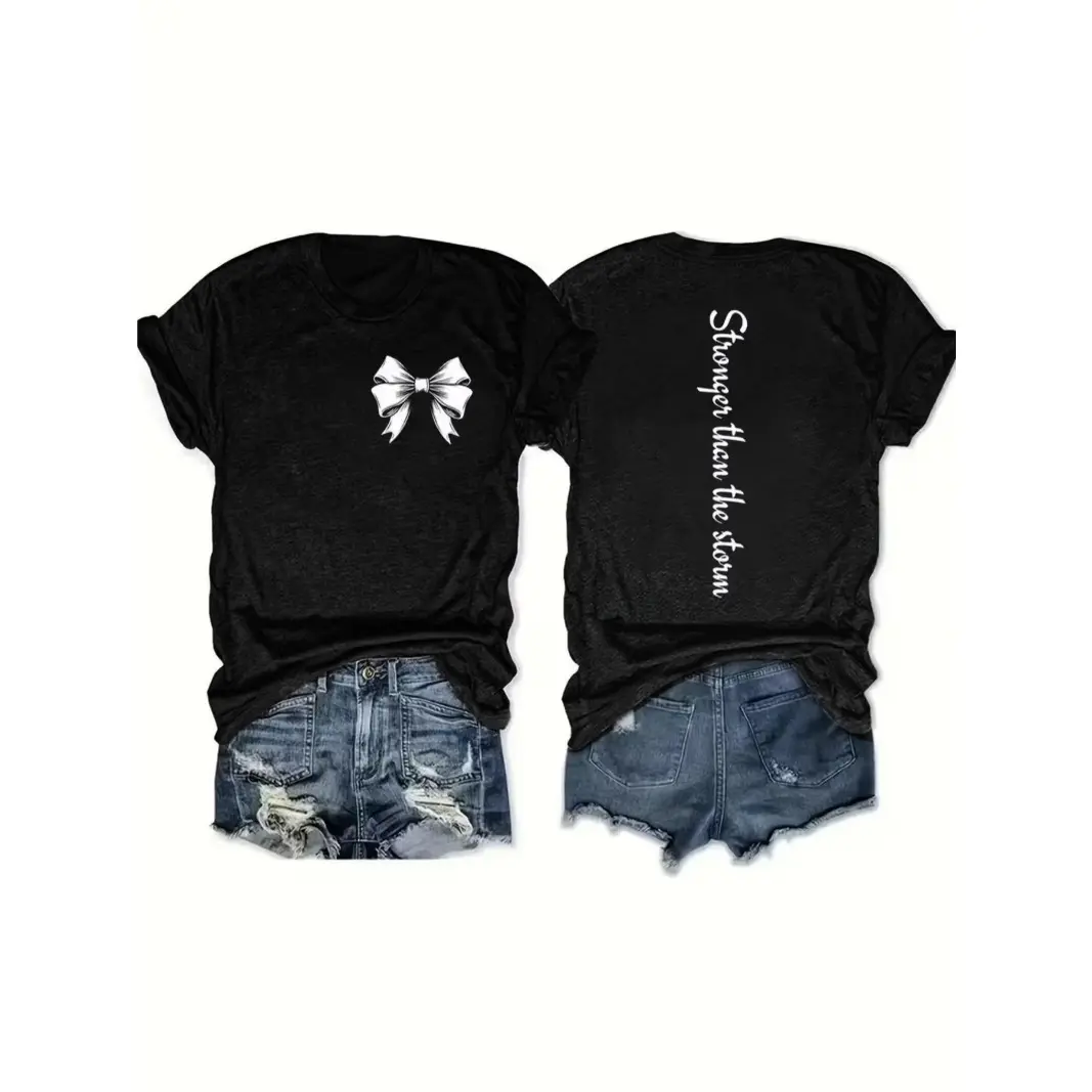 Women Cotton Short Sleeve T Shirt Cute Bow Print Inspirational Quote Back Design Soft Comfortable Casual Top For Summer Daily Wear School Street Hangout Ladies Lightweight Breathable Fashion Tee