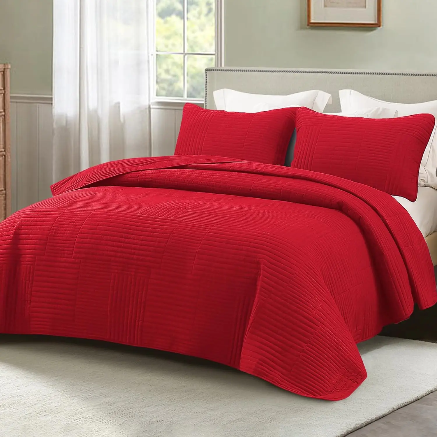 Soft Cal King Bedding Set, Lightweight for Bed| 3 Pieces Red Oversized Bedspread, Breathable Microfiber Ultrasonic Comforter Coverlet Bed Cover for All
