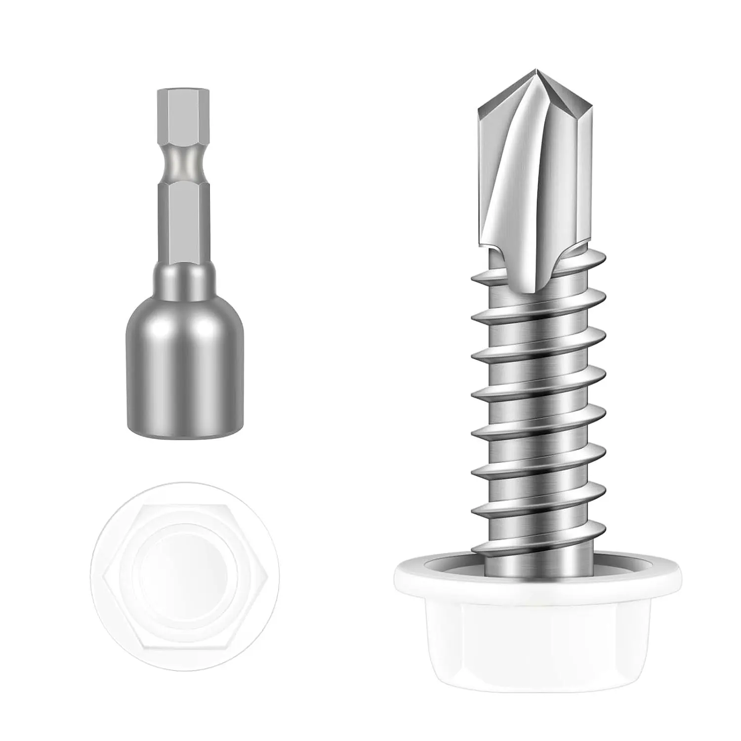 #12 x 1 Hex Washer  Self Tapping Screws, TEK Screws, Self Drilling, Stainless Steel 410 Sheet Metal Screws, White , 50 count