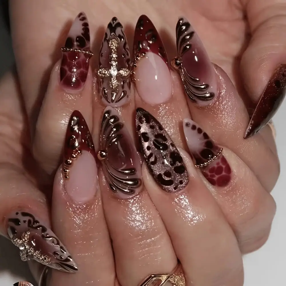 24pcs Short Almond Retro Luxury Wine Nude False Nails, Metal Leopard Cross Design, Decorative Nails, Ideal for Women Spring Summer Daily Use
