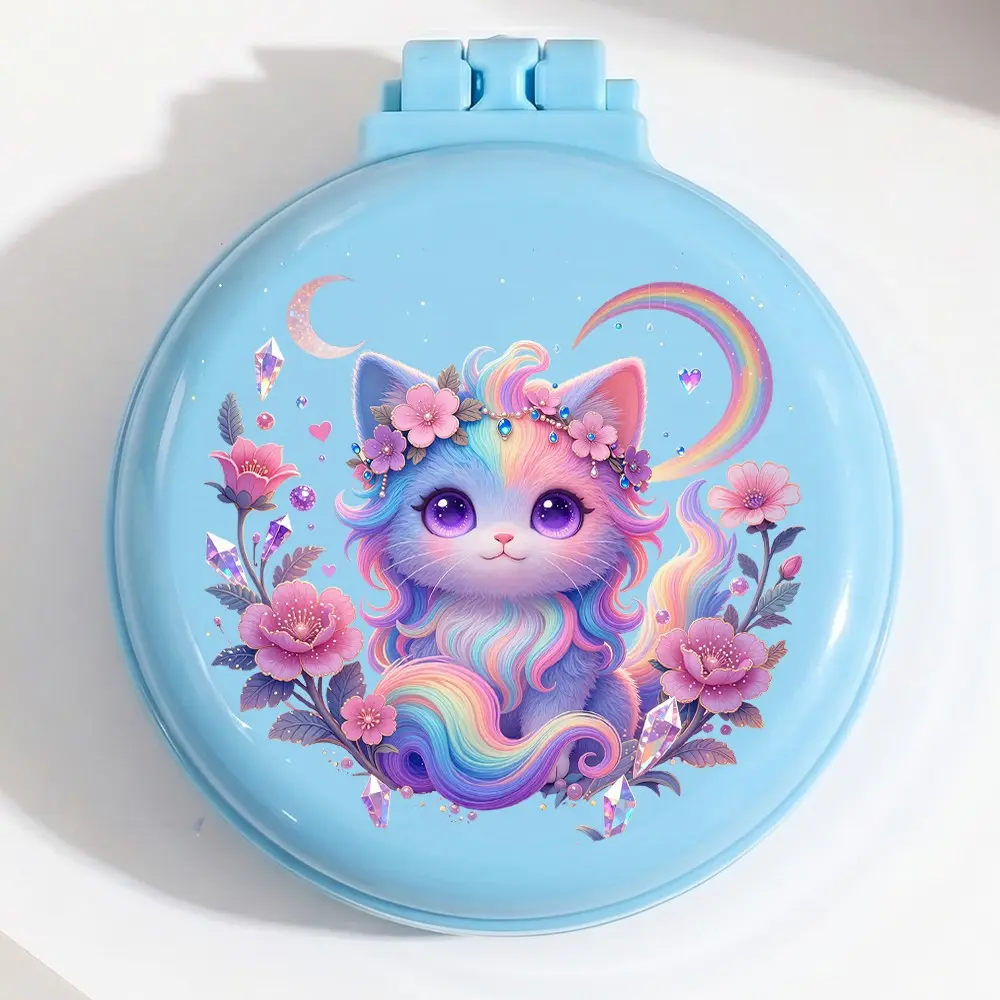 1pc Folding Travel Hair Comb, Rainbow Gradient Cat Design, Blue Colors, Portable Mini Air Cushion Brush, Fashionable and Durable