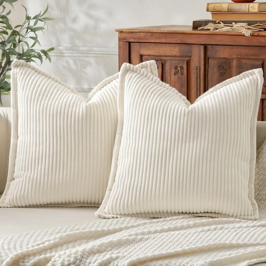 Corduroy Fall Throw Pillow Covers 18x18 Set of 2 Cream White | Soft Striped Texture, Broadside Design, Neutral Boho Square Pillow Cases for Sofa Couch Living Room Bedroom, Home Décor