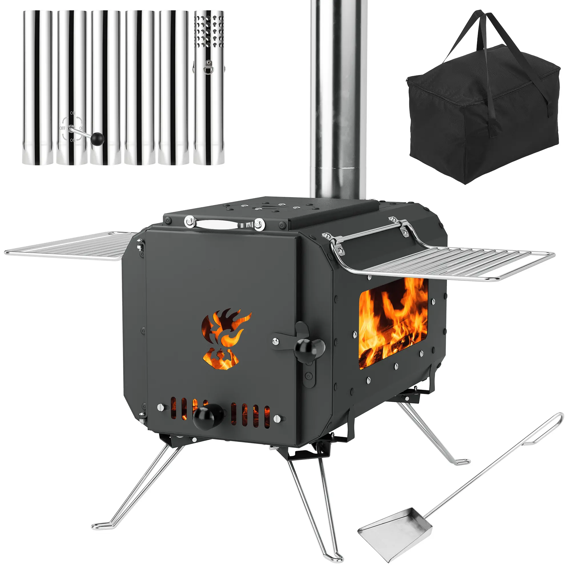 Garvee Portable Charcoal Stove Camping Stove – Collapsible Tent Heater with Glass Window, Chimney Pipes & Damper – Heavy-Duty Cast Iron – Outdoor Cooking, Hiking, Survival, Backpacking